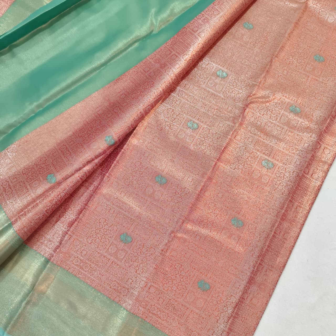 Semi Kanchipuram Brocade Silk Saree-  Peach with Sea Green color Contrast