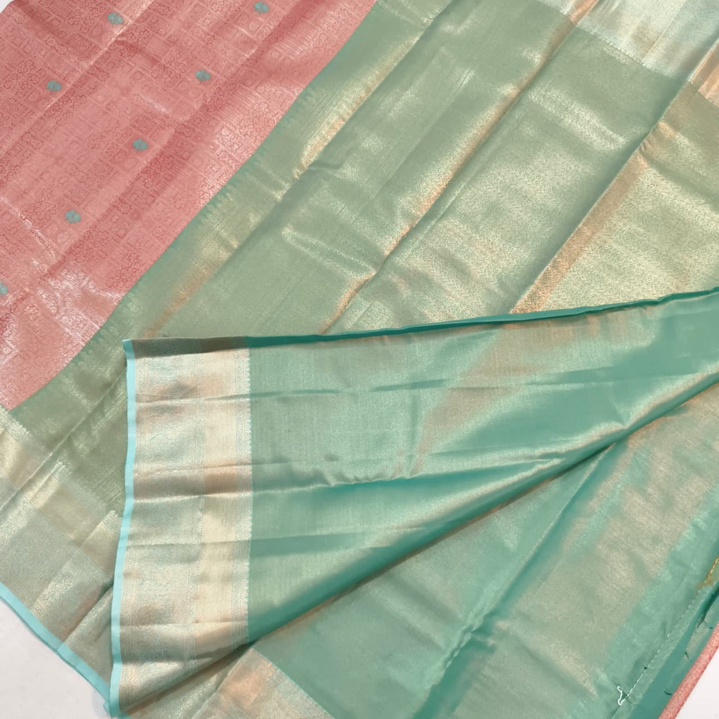 Semi Kanchipuram Brocade Silk Saree-  Peach with Sea Green color Contrast