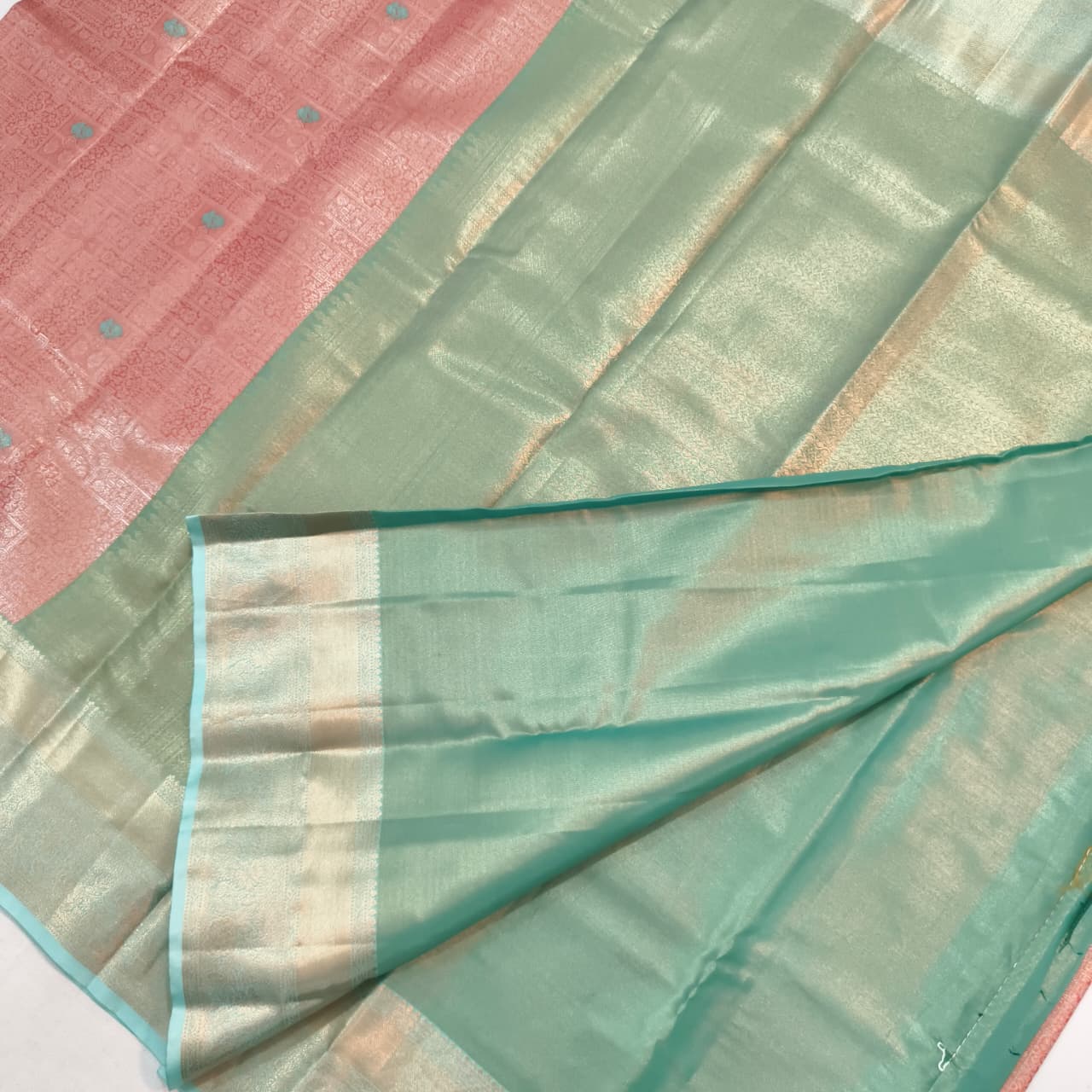 Semi Kanchipuram Brocade Silk Saree-  Peach with Sea Green color Contrast