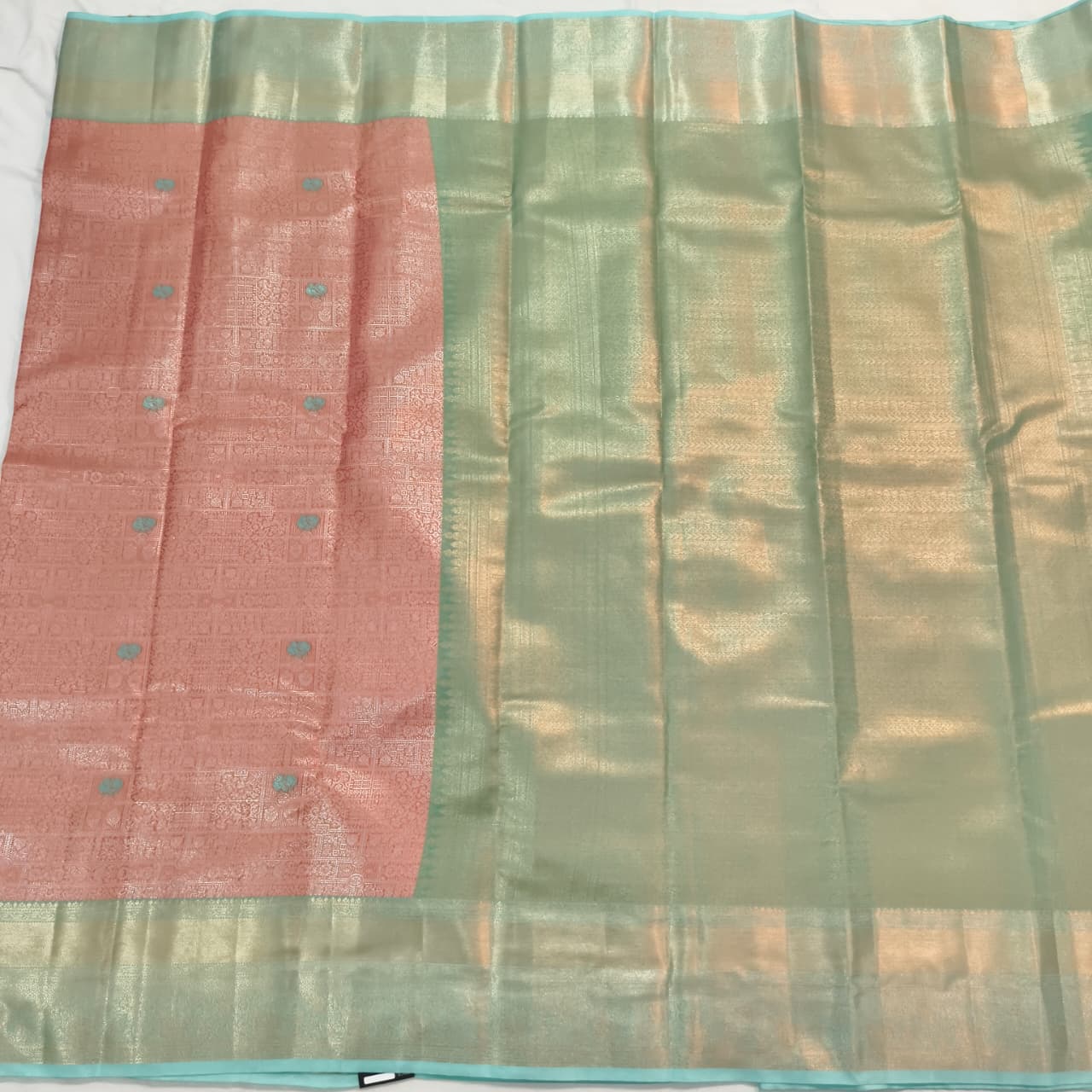 Semi Kanchipuram Brocade Silk Saree-  Peach with Sea Green color Contrast