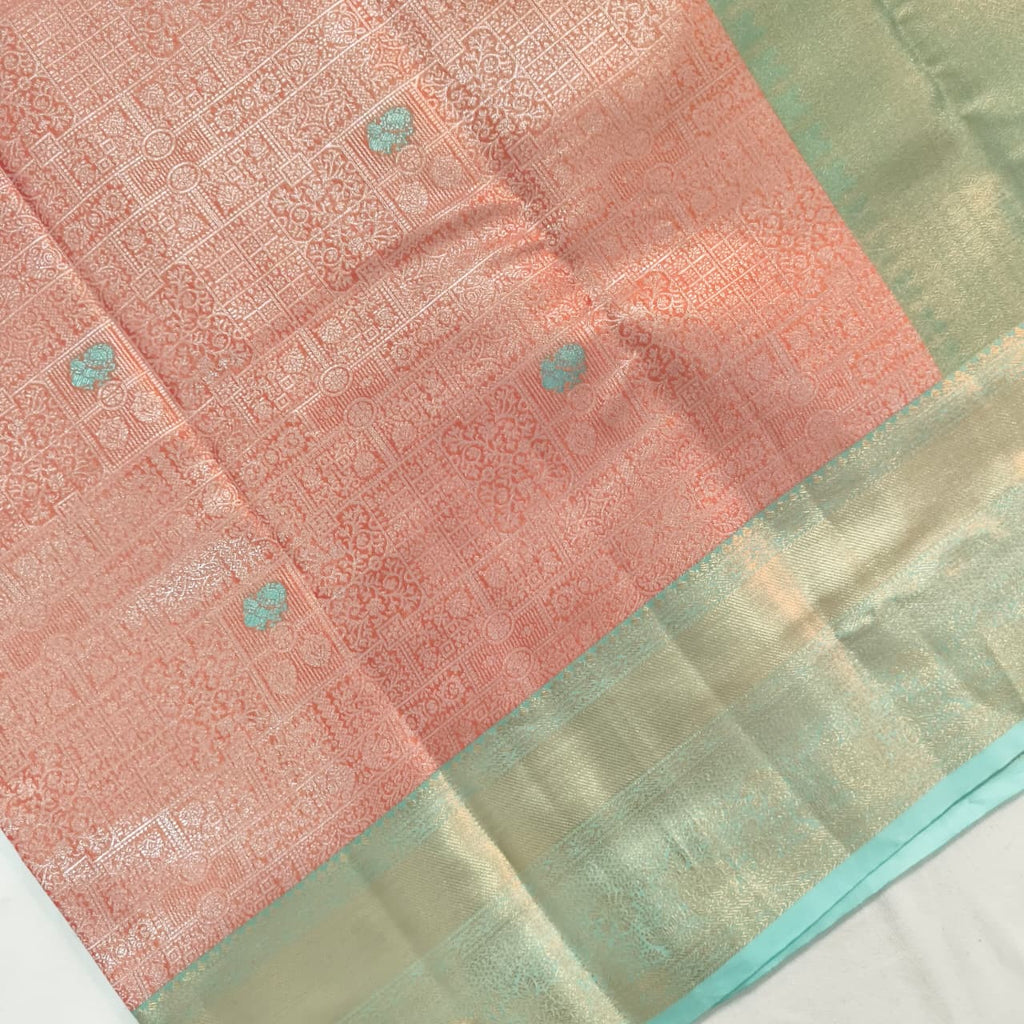 Semi Kanchipuram Brocade Silk Saree-  Peach with Sea Green color Contrast