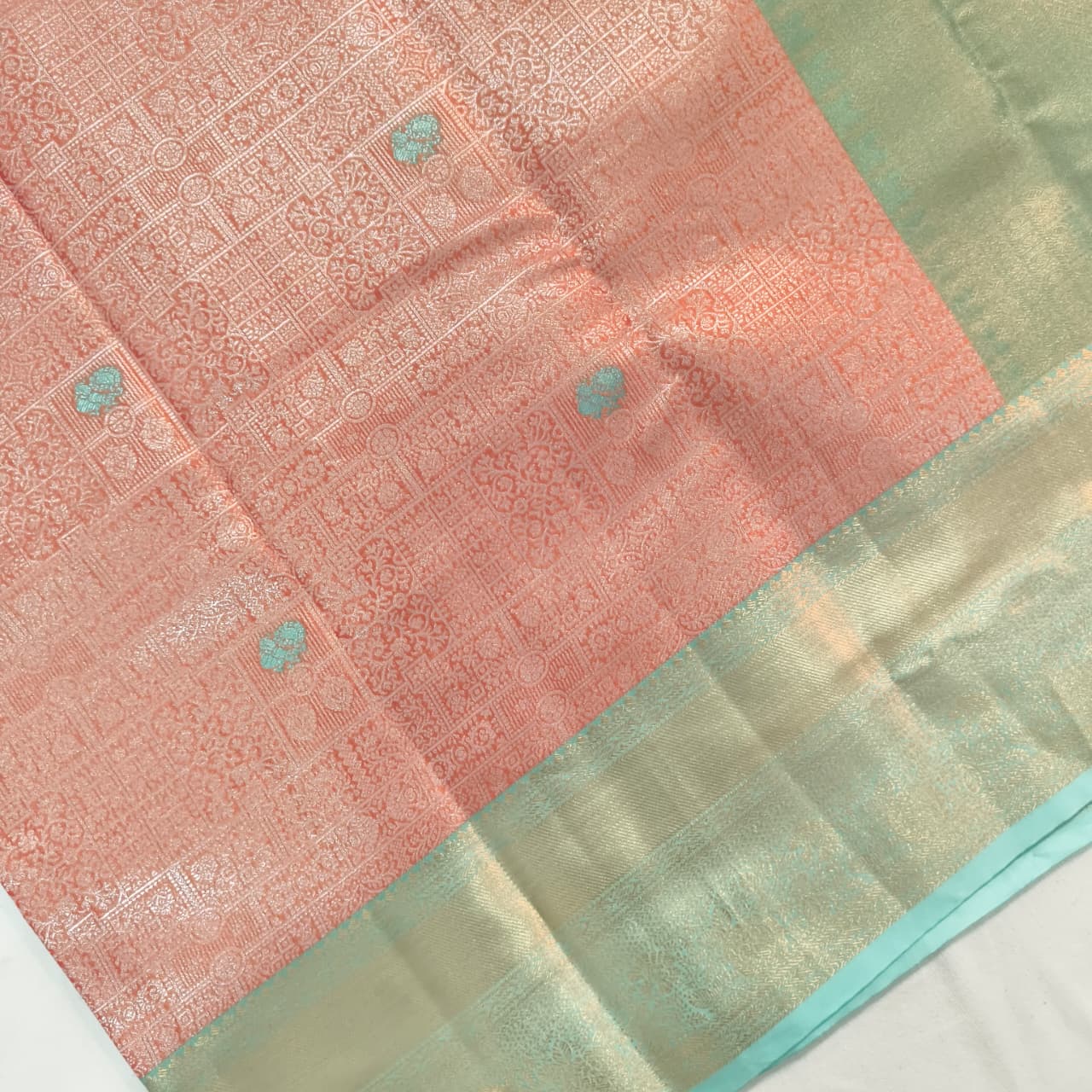 Semi Kanchipuram Brocade Silk Saree-  Peach with Sea Green color Contrast
