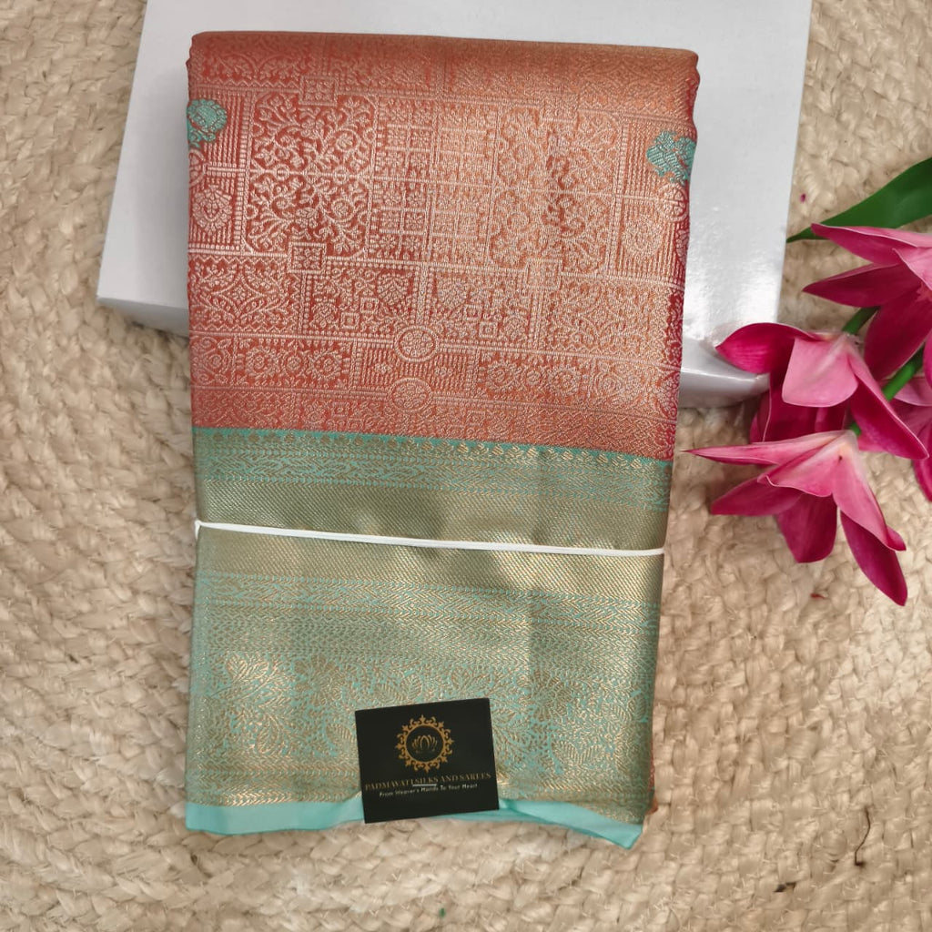 Semi Kanchipuram Brocade Silk Saree-  Peach with Sea Green color Contrast