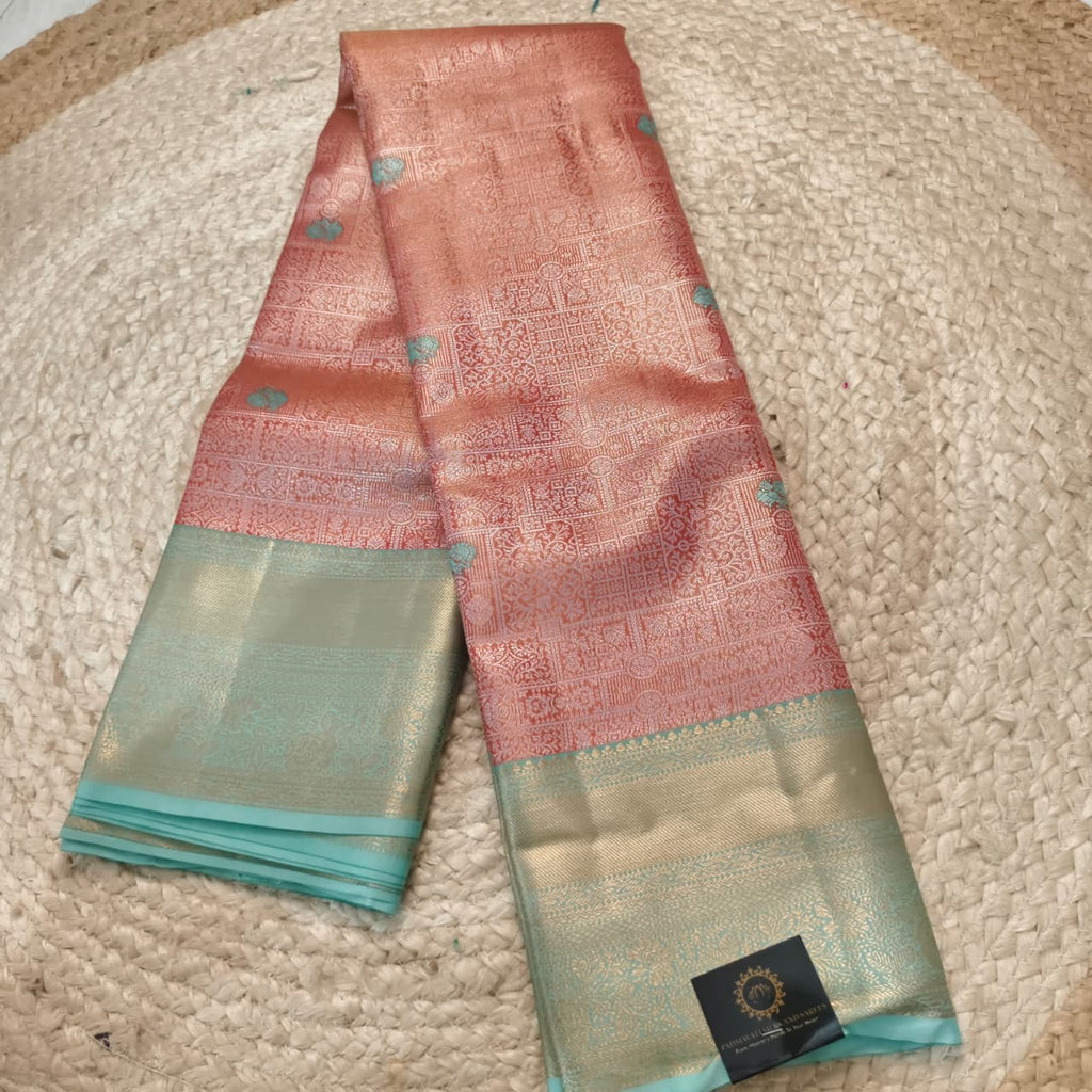 Semi Kanchipuram Brocade Silk Saree-  Peach with Sea Green color Contrast