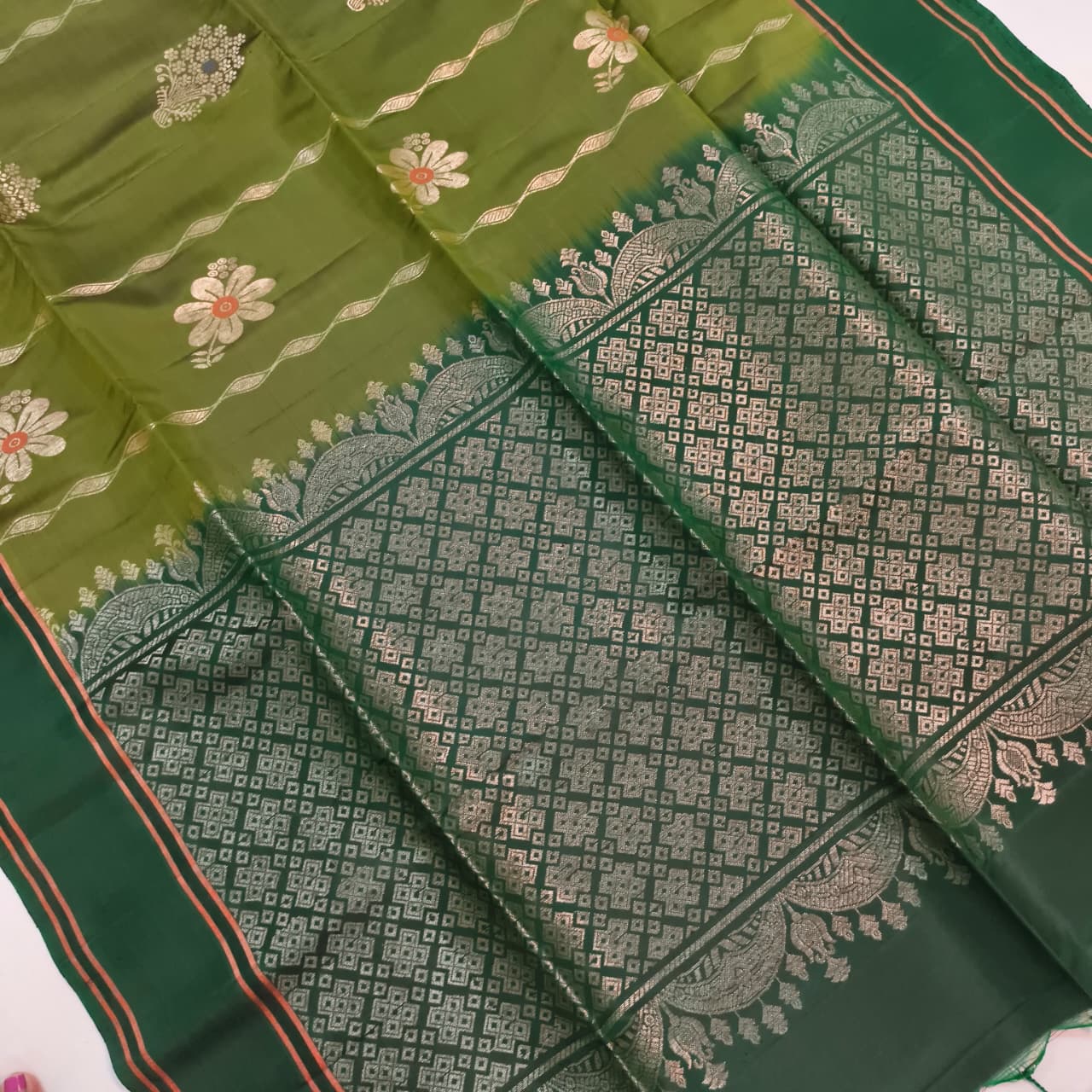 Soft Silk Saree – Parrot Green and Dark Green