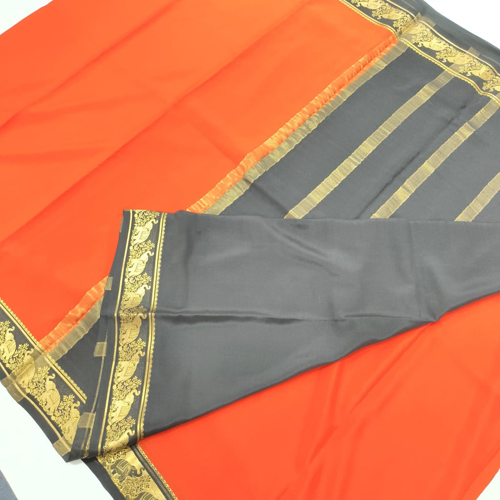 Pure Mysore Crepe Silk Saree – Orange and Black Contrast