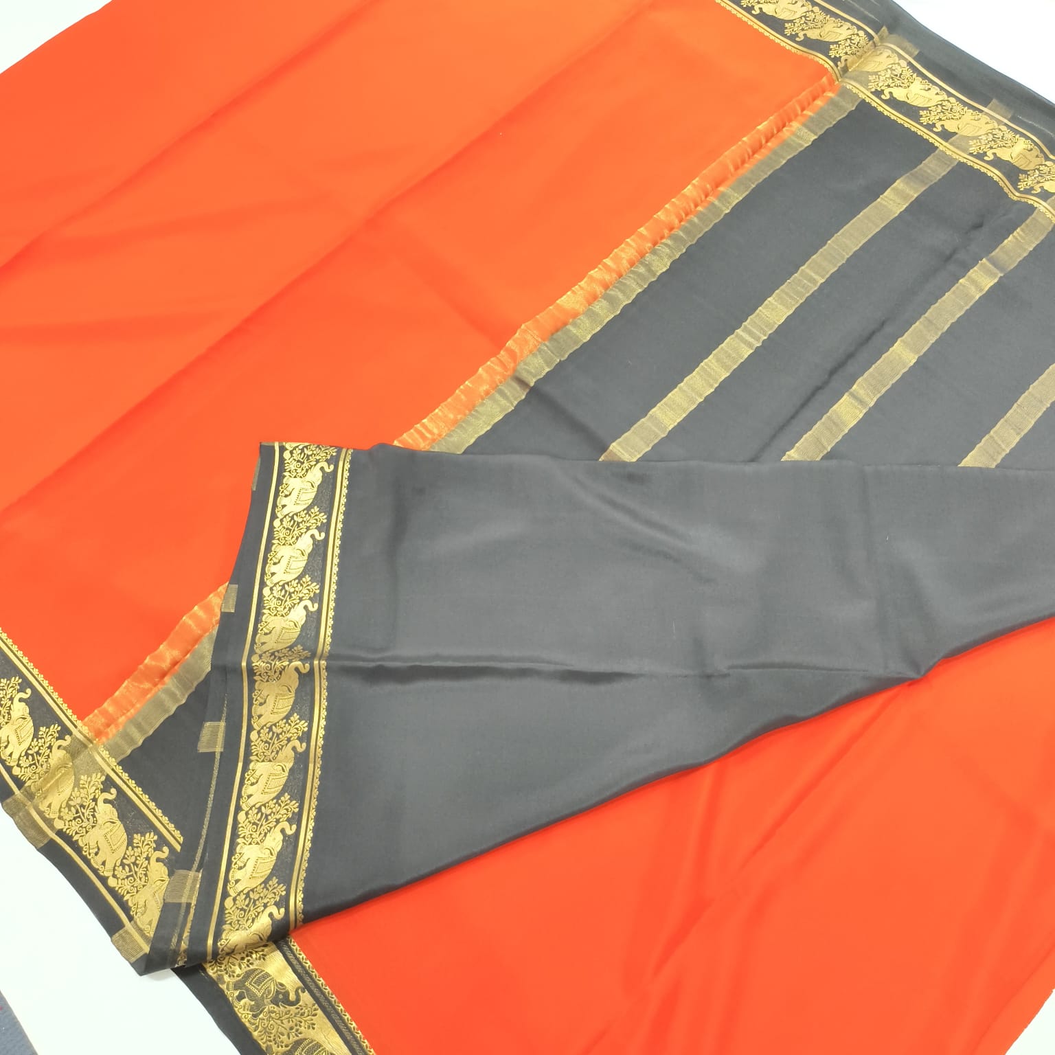 Pure Mysore Crepe Silk Saree – Orange and Black Contrast
