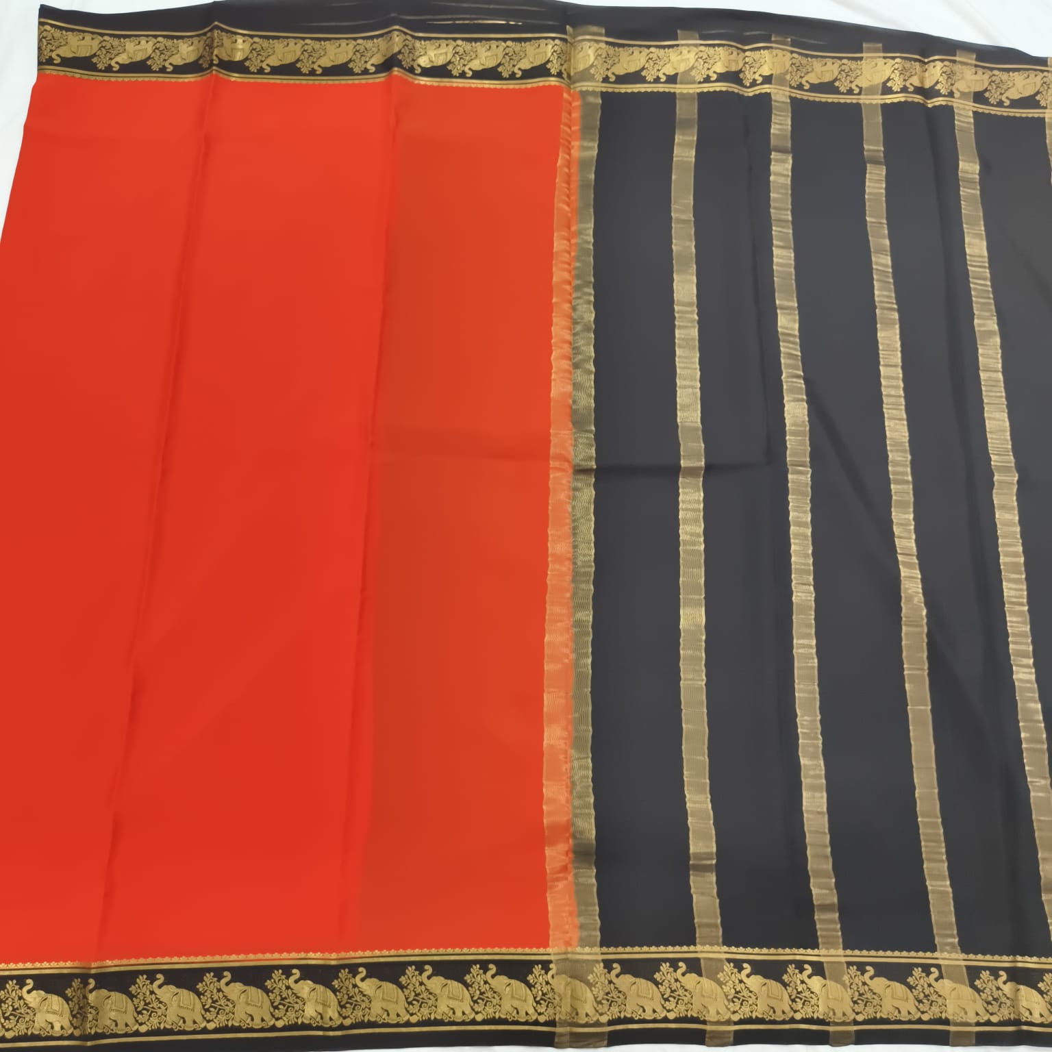 Pure Mysore Crepe Silk Saree – Orange and Black Contrast
