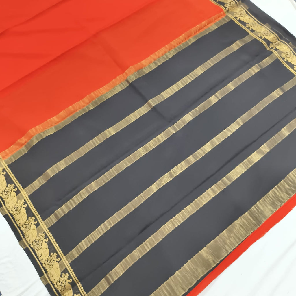 Pure Mysore Crepe Silk Saree – Orange and Black Contrast