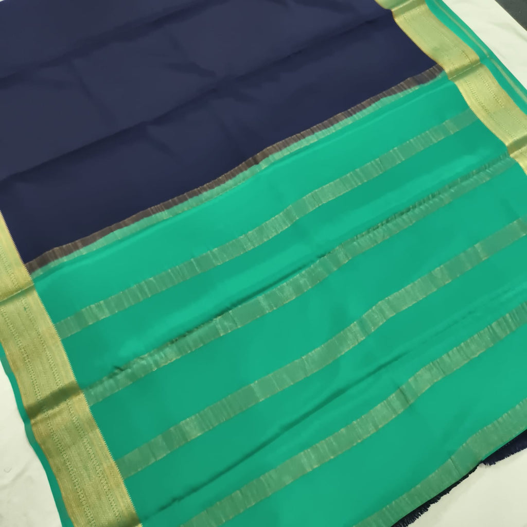 Pure Mysore Crepe Silk Saree – Navy Blue With Rexona Green Contrast