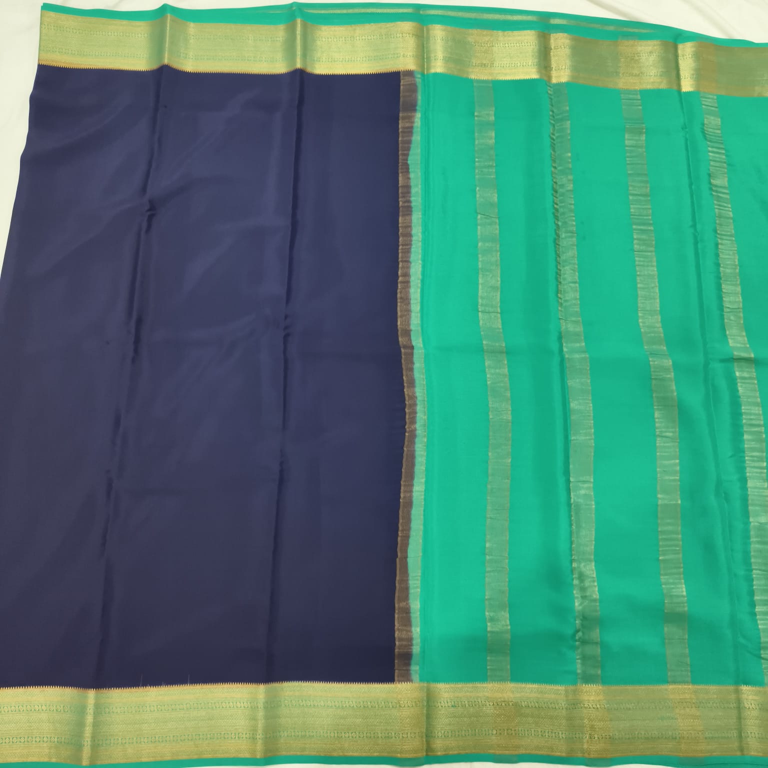 Pure Mysore Crepe Silk Saree – Navy Blue With Rexona Green Contrast