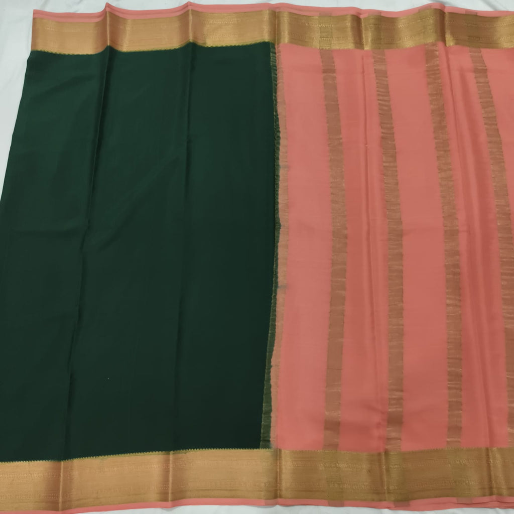 Pure Mysore Crepe Silk Saree – Bottle Green with Peach Contrast
