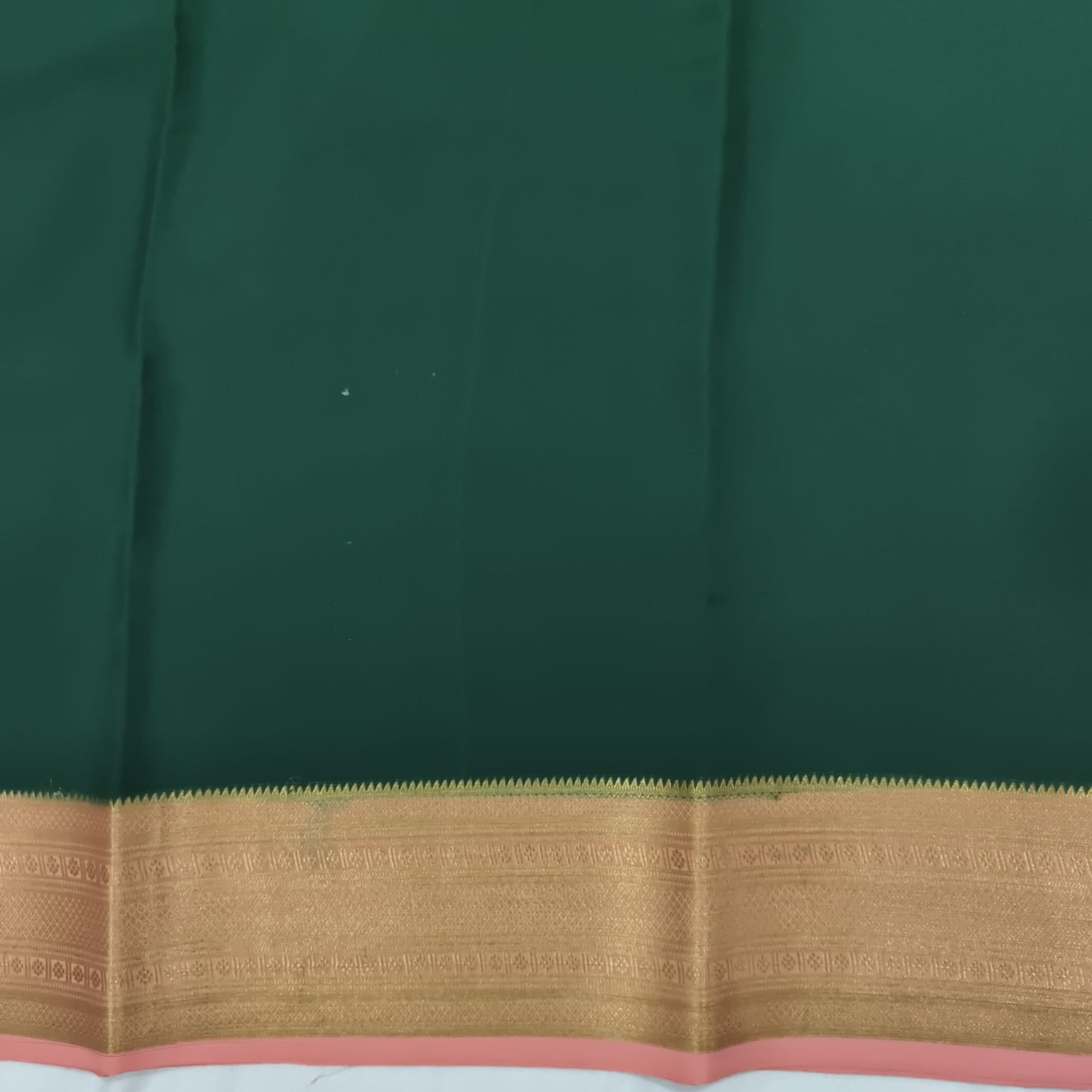 Pure Mysore Crepe Silk Saree – Bottle Green with Peach Contrast