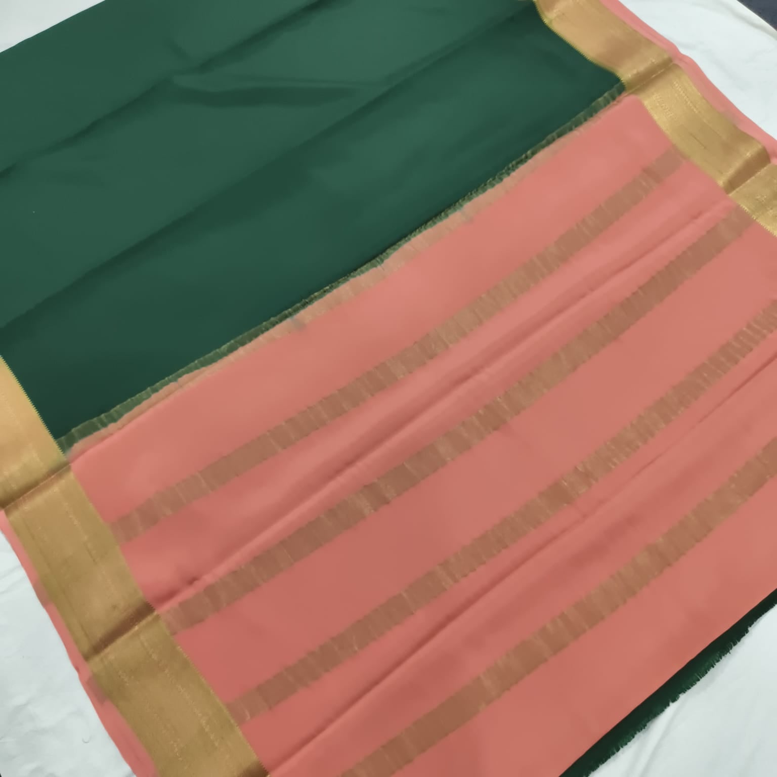 Pure Mysore Crepe Silk Saree – Bottle Green with Peach Contrast