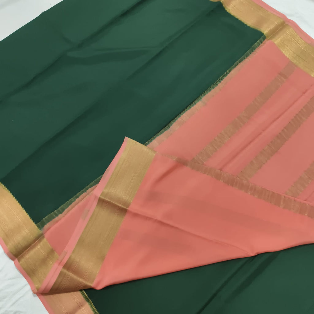 Pure Mysore Crepe Silk Saree – Bottle Green with Peach Contrast