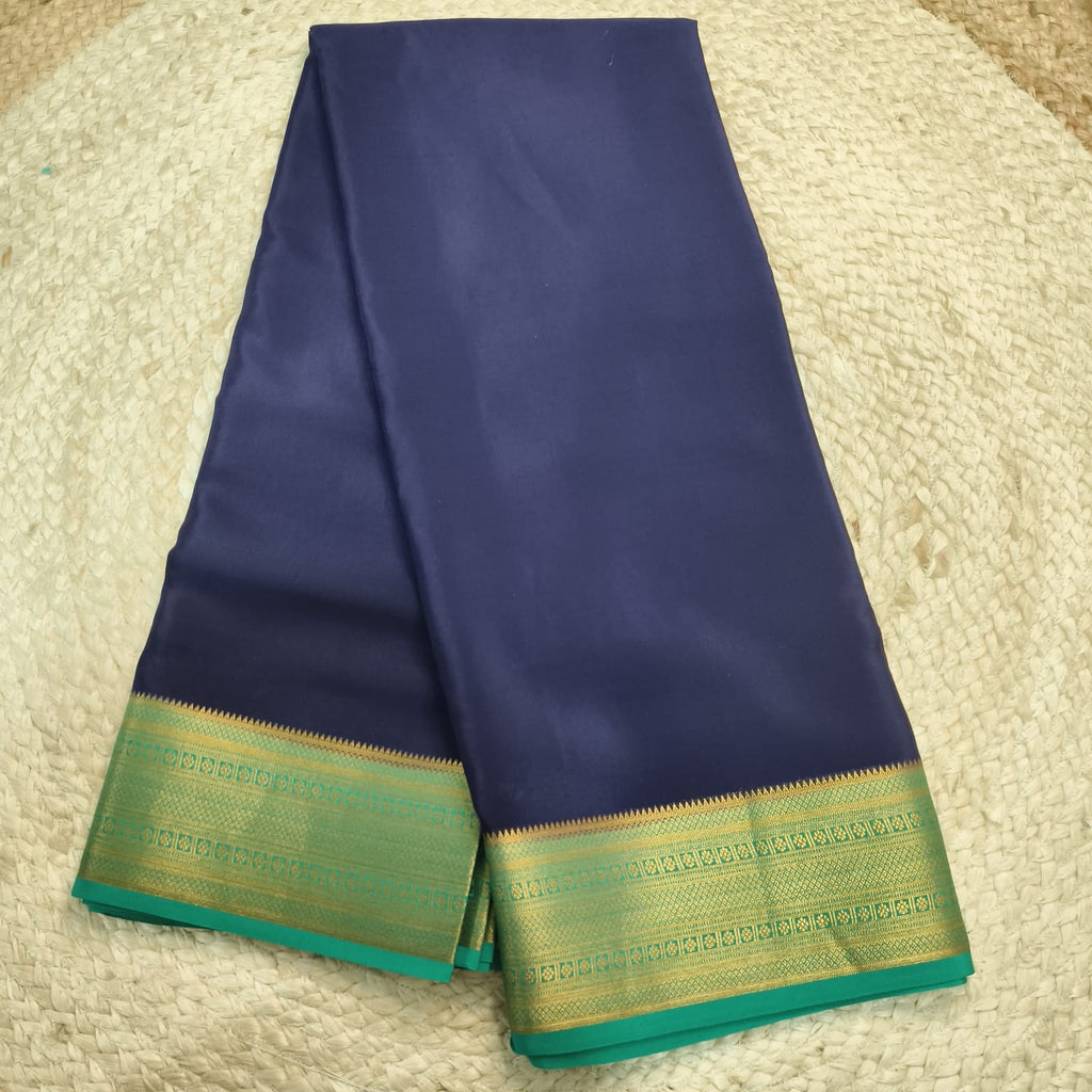 Pure Mysore Crepe Silk Saree – Navy Blue With Rexona Green Contrast