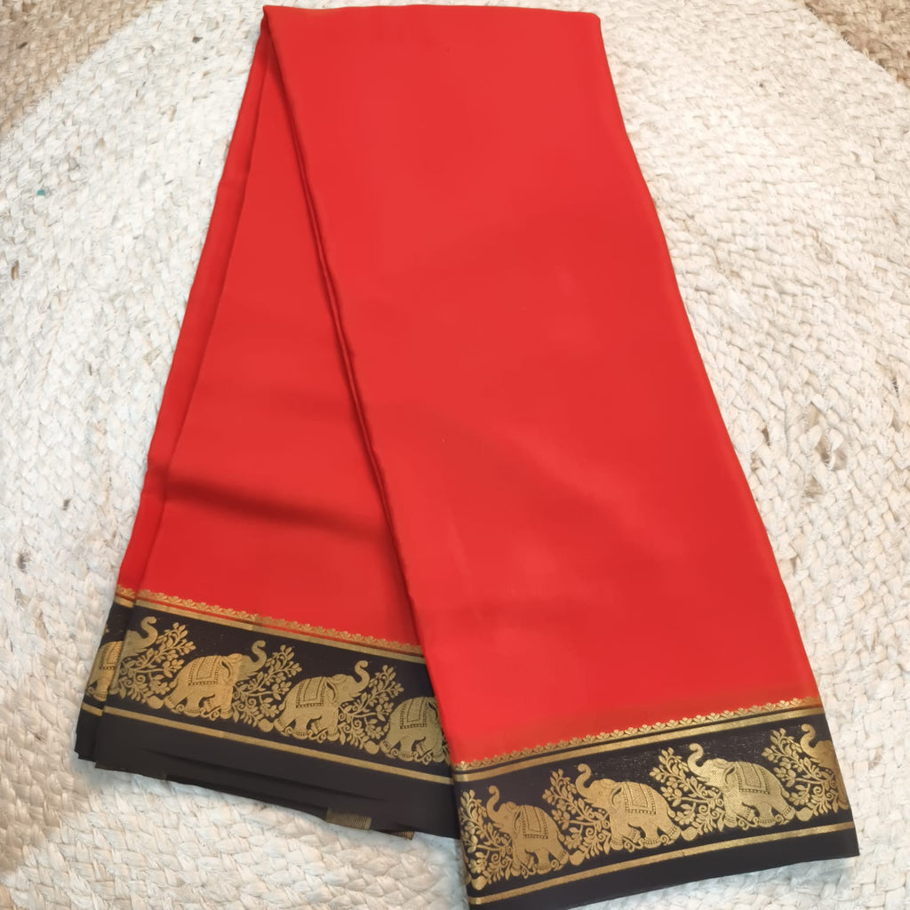 Pure Mysore Crepe Silk Saree – Orange and Black Contrast