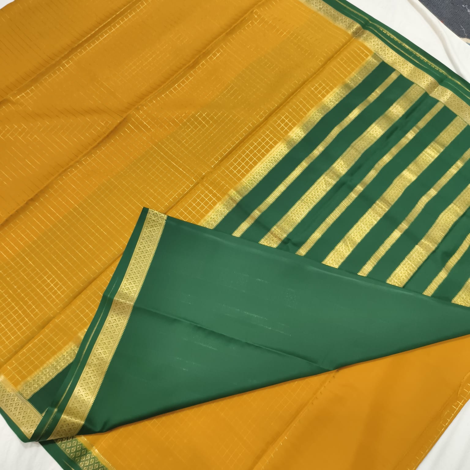 Pure Mysore Crepe Silk Saree – Mustard Yellow and Green Contrast with Checks