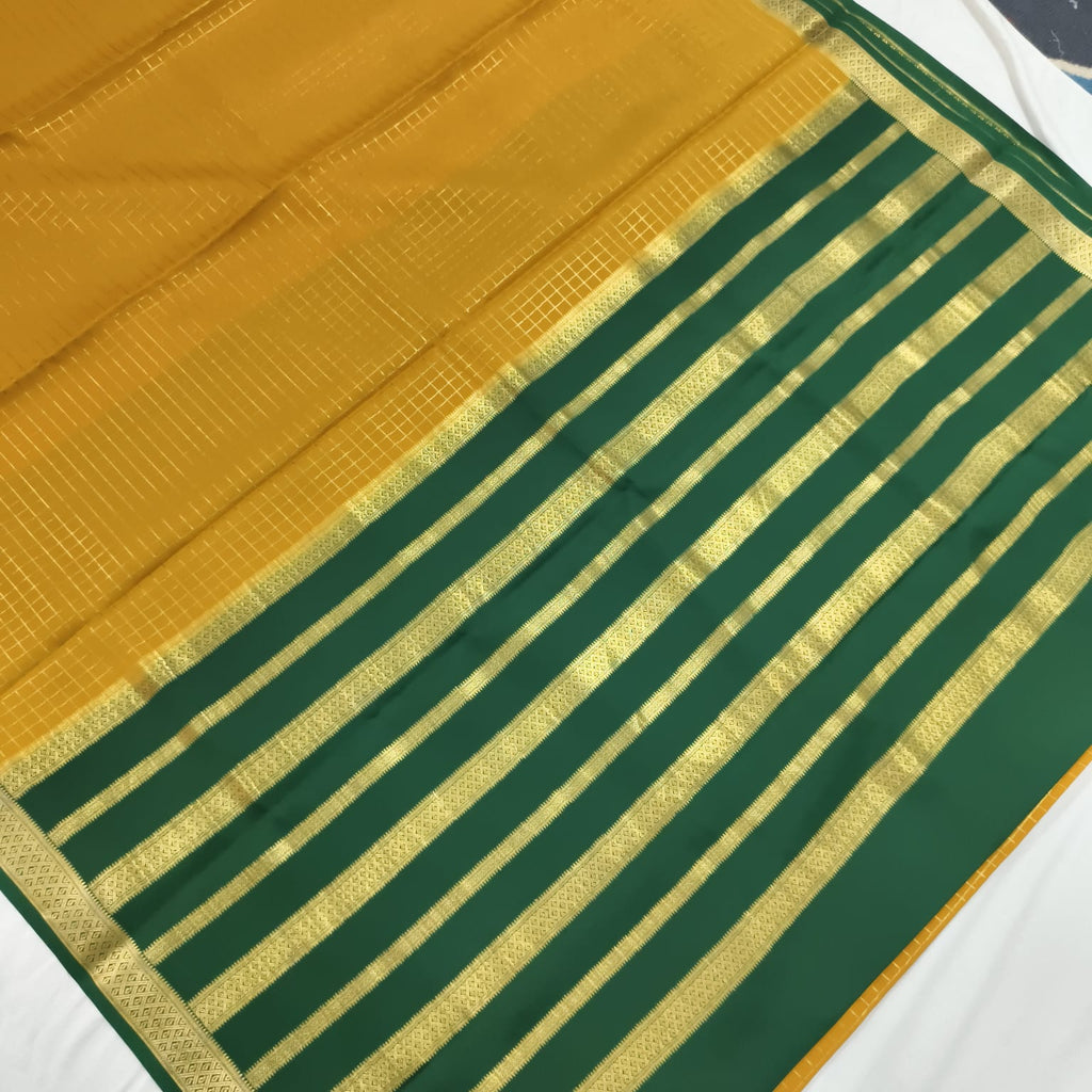 Pure Mysore Crepe Silk Saree – Mustard Yellow and Green Contrast with Checks
