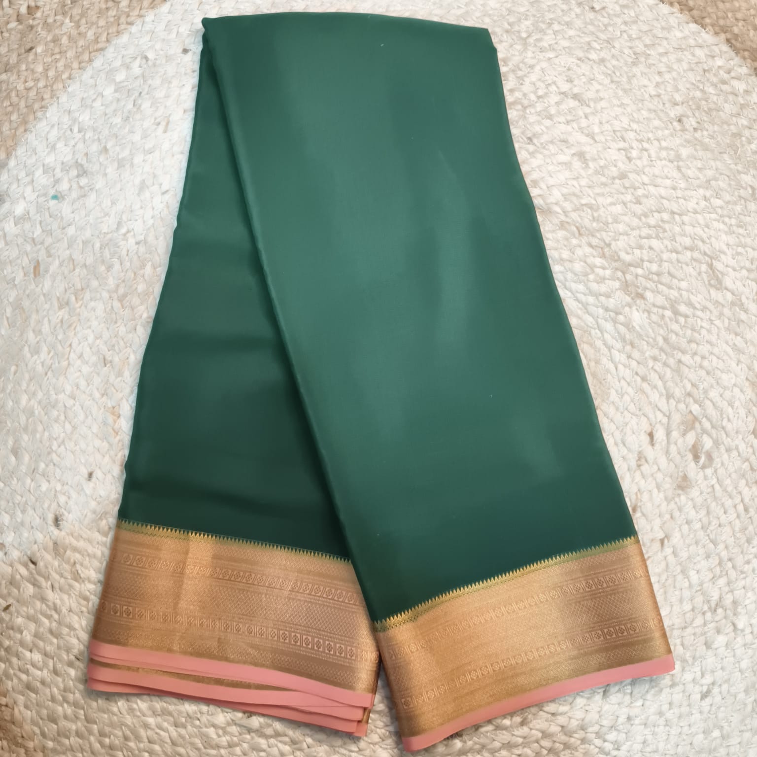 Pure Mysore Crepe Silk Saree – Bottle Green with Peach Contrast