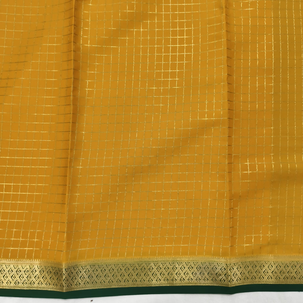 Pure Mysore Crepe Silk Saree – Mustard Yellow and Green Contrast with Checks