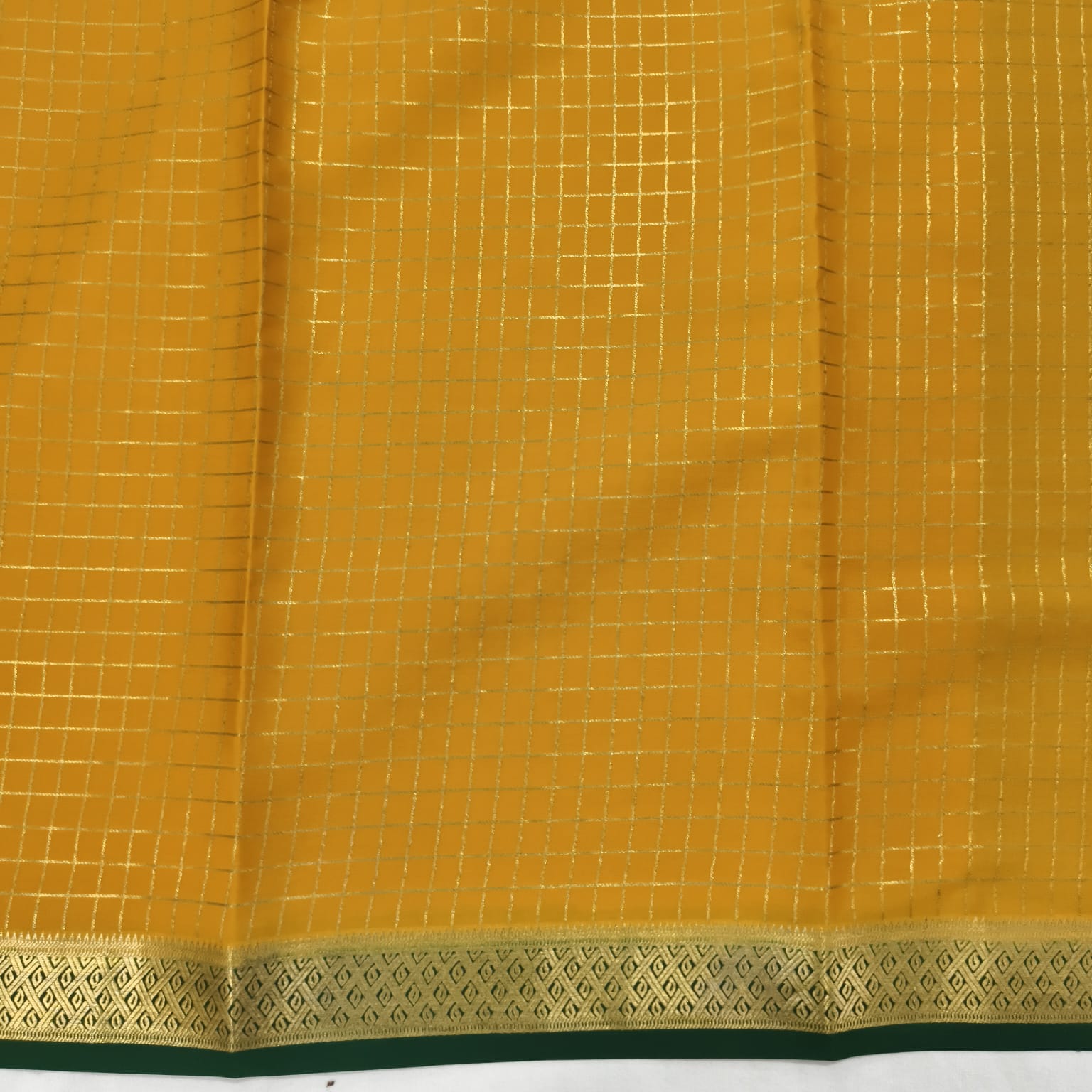 Pure Mysore Crepe Silk Saree – Mustard Yellow and Green Contrast with Checks