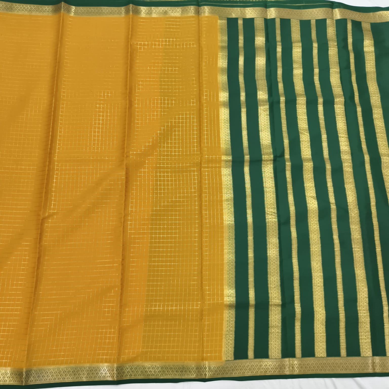 Pure Mysore Crepe Silk Saree – Mustard Yellow and Green Contrast with Checks
