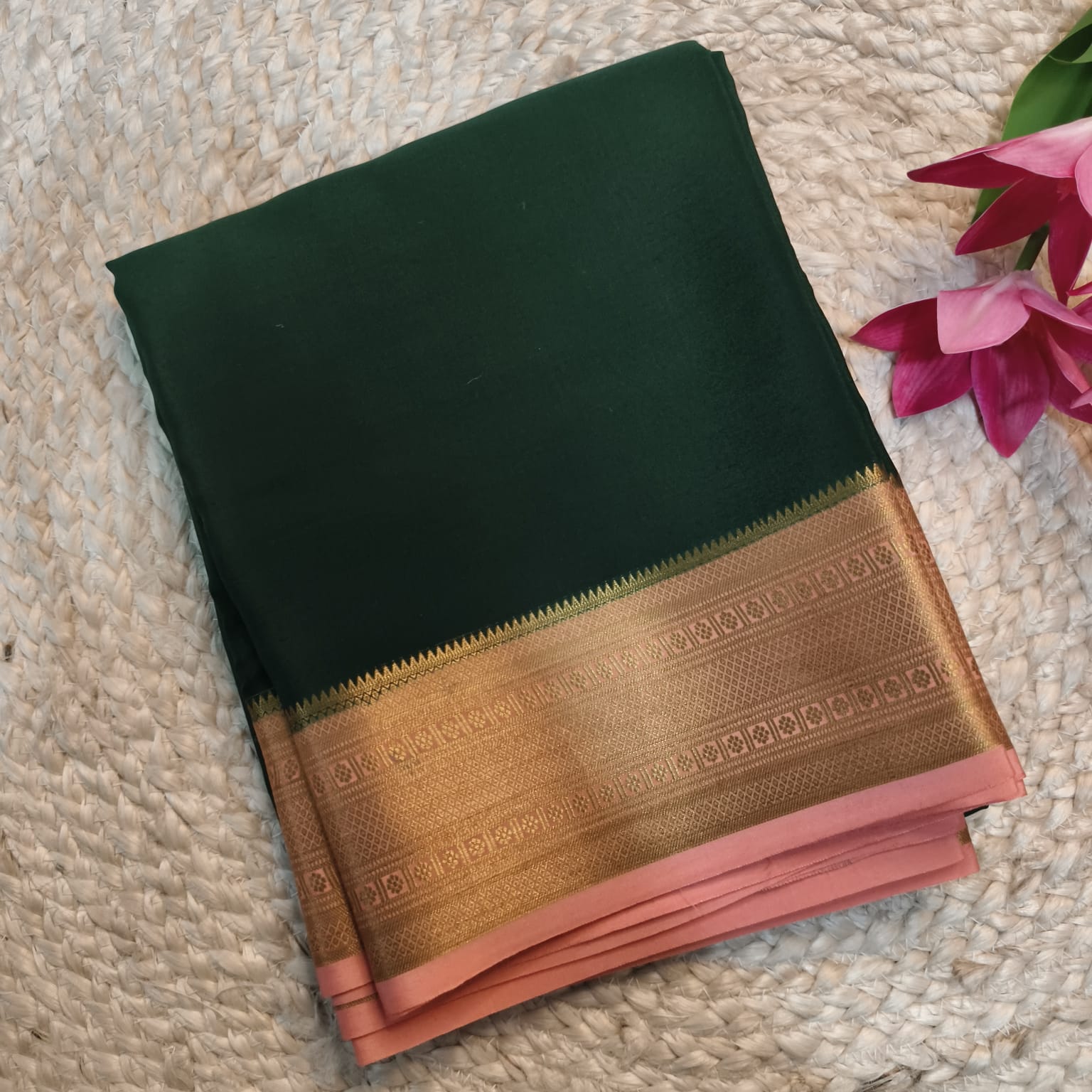 Pure Mysore Crepe Silk Saree – Bottle Green with Peach Contrast