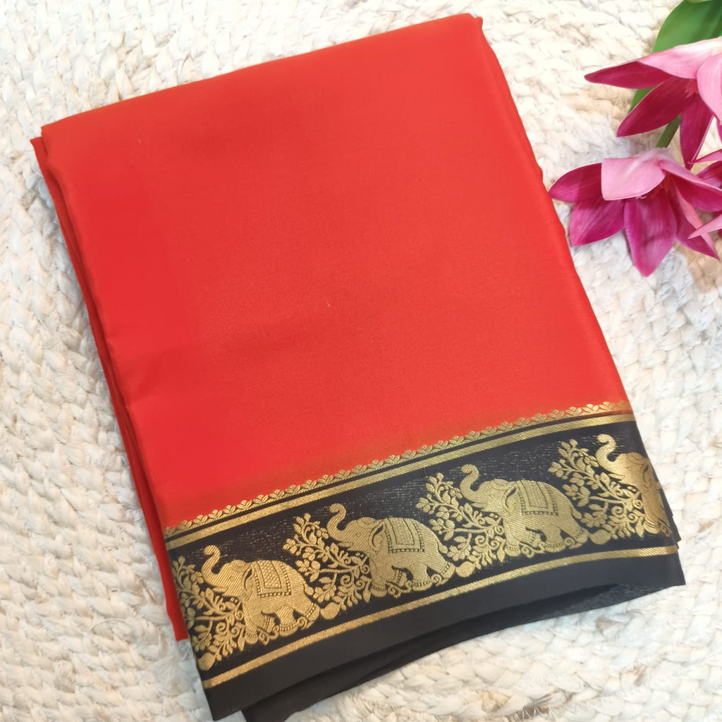 Pure Mysore Crepe Silk Saree – Orange and Black Contrast