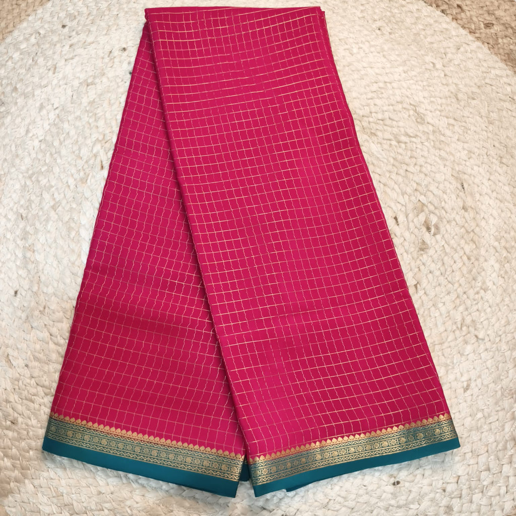 Pure Mysore Crepe Silk Saree – Rani Pink and Peacock Blue Contrast with Checks