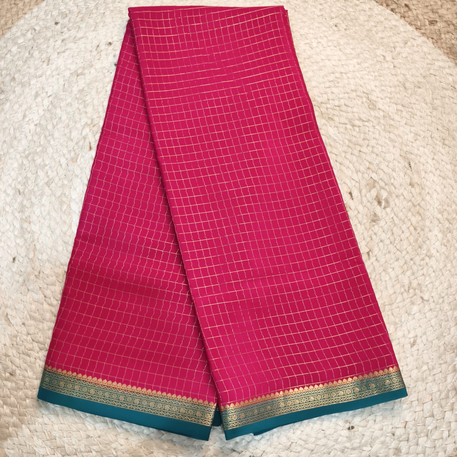 Pure Mysore Crepe Silk Saree – Rani Pink and Peacock Blue Contrast with Checks