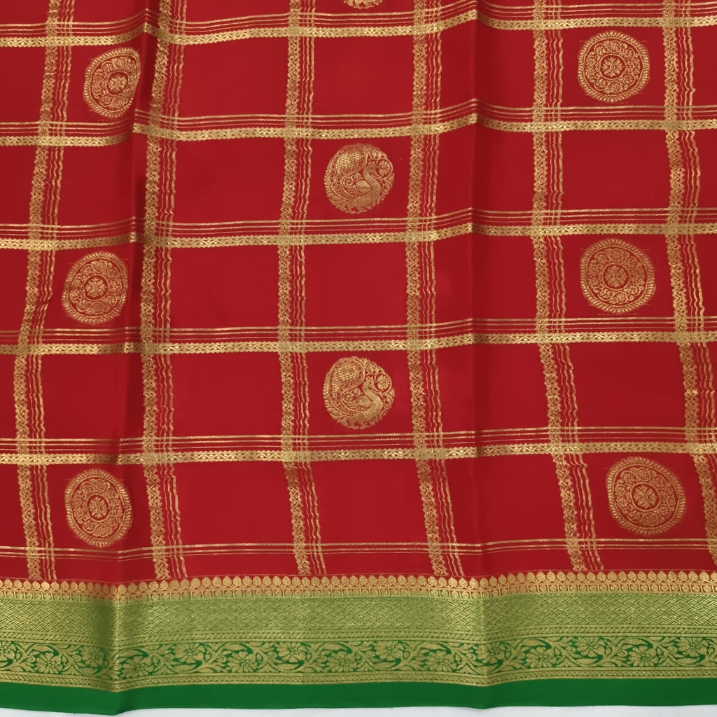 Pure Mysore Crepe Silk Saree – Red and Green Contrast with Checks and Butta