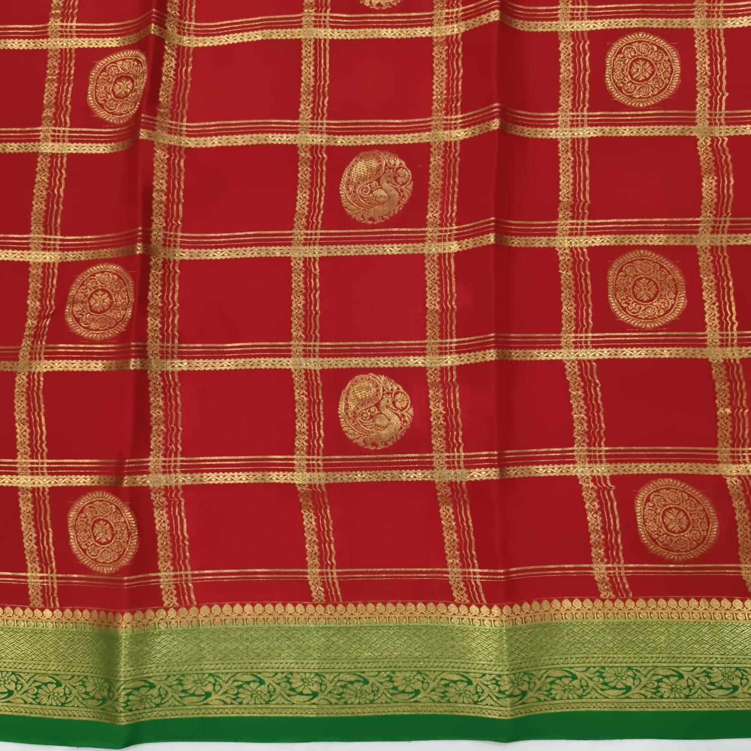 Pure Mysore Crepe Silk Saree – Red and Green Contrast with Checks and Butta