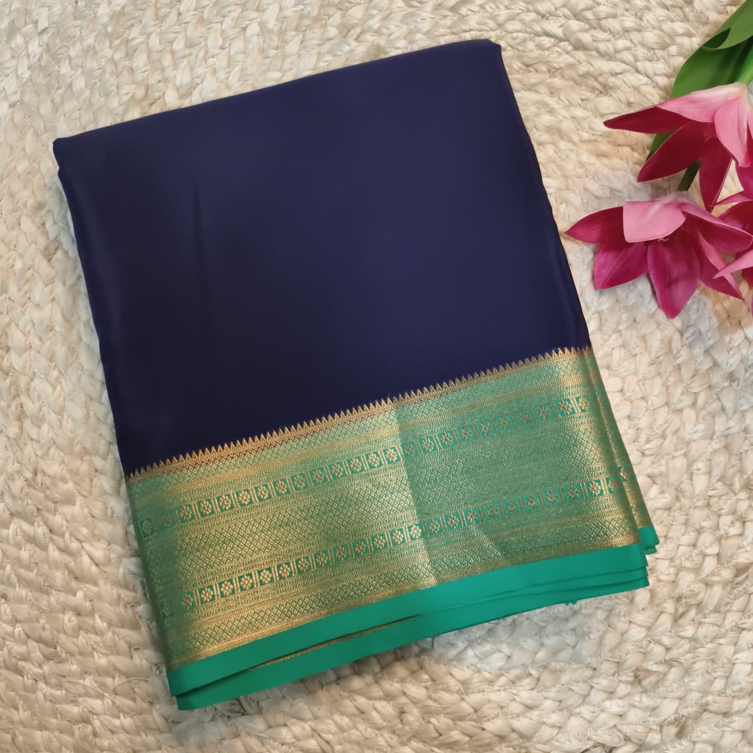 Pure Mysore Crepe Silk Saree – Navy Blue With Rexona Green Contrast