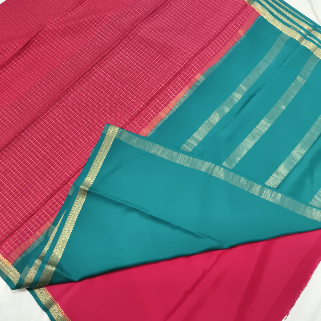 Pure Mysore Crepe Silk Saree – Rani Pink and Peacock Blue Contrast with Checks