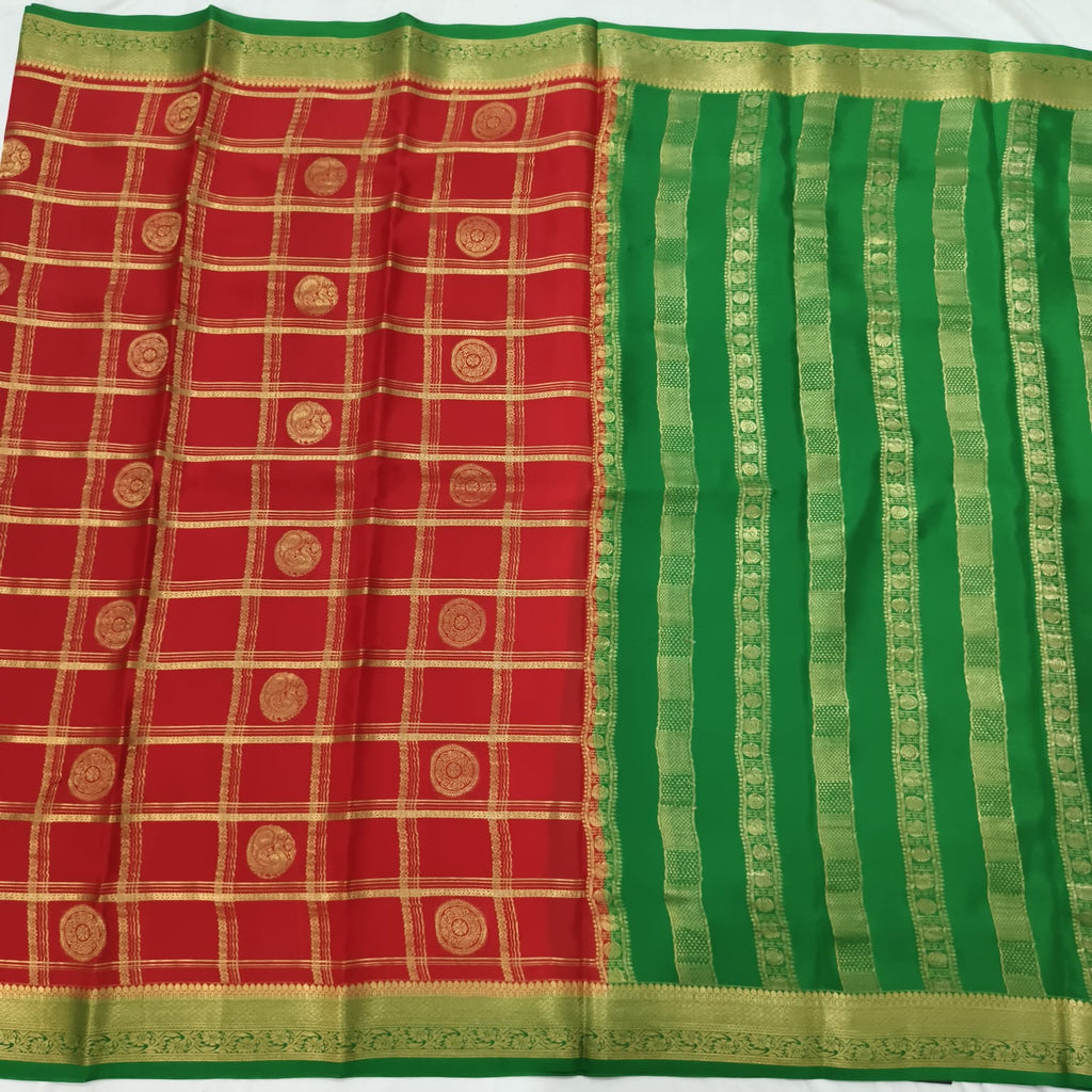 Pure Mysore Crepe Silk Saree – Red and Green Contrast with Checks and Butta