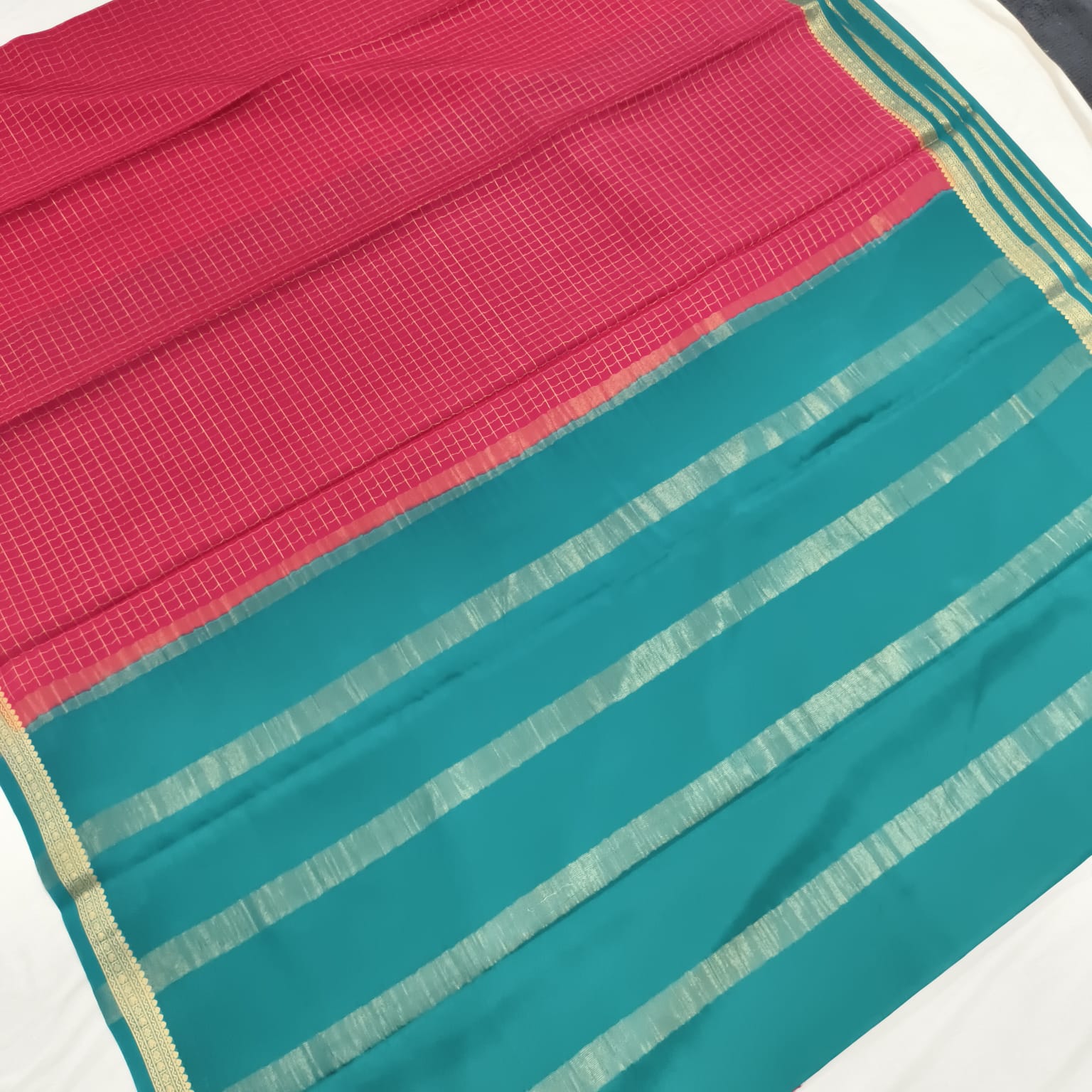 Pure Mysore Crepe Silk Saree – Rani Pink and Peacock Blue Contrast with Checks