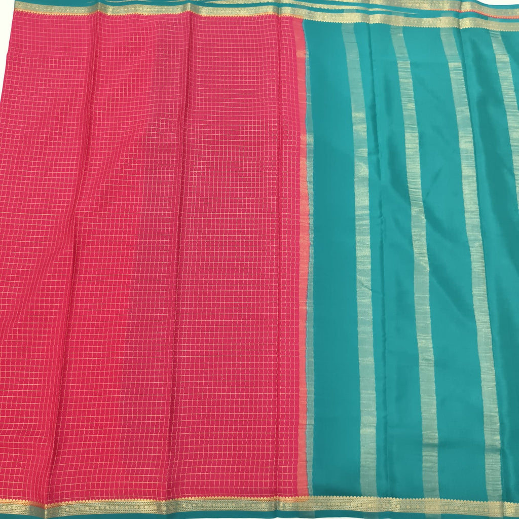 Pure Mysore Crepe Silk Saree – Rani Pink and Peacock Blue Contrast with Checks