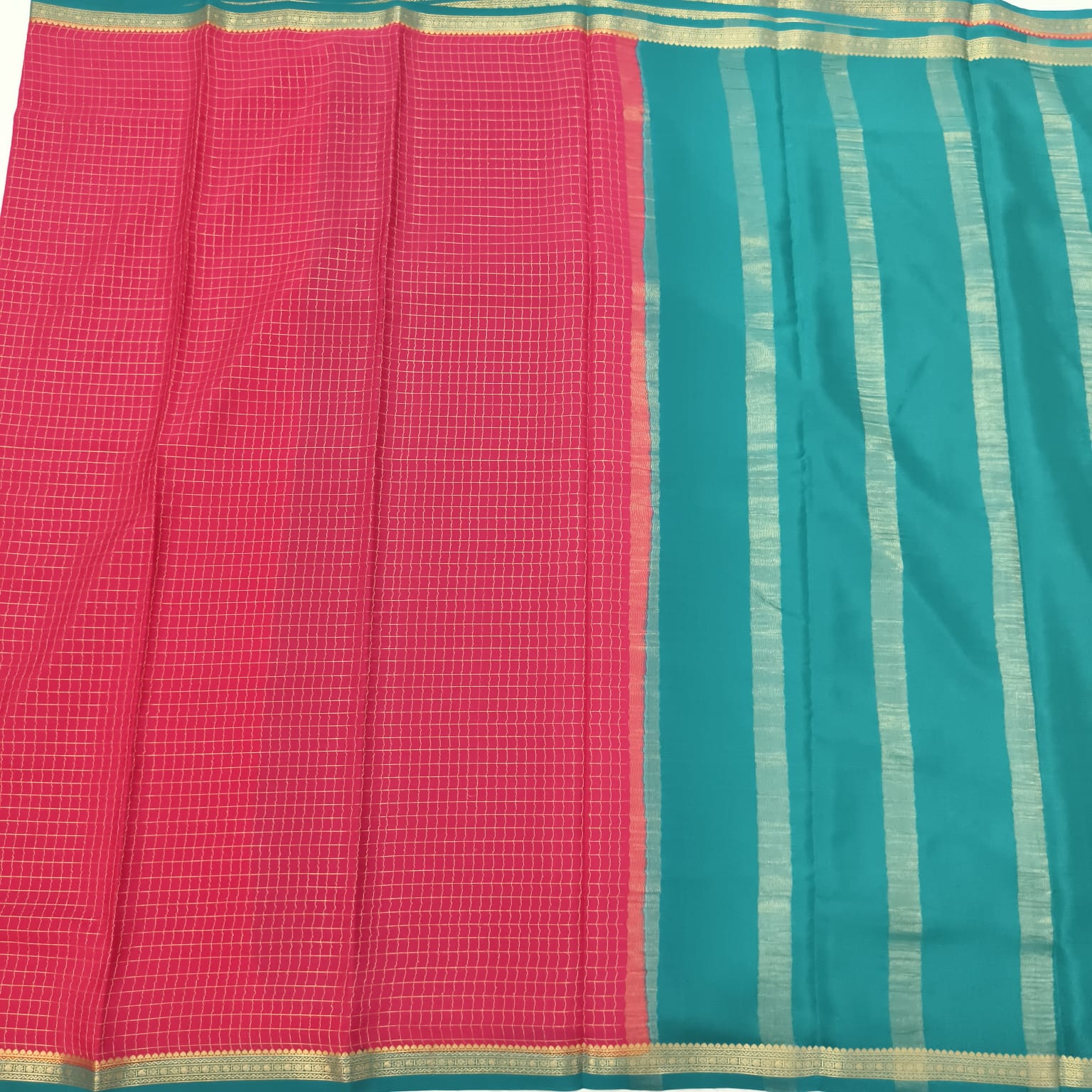 Pure Mysore Crepe Silk Saree – Rani Pink and Peacock Blue Contrast with Checks