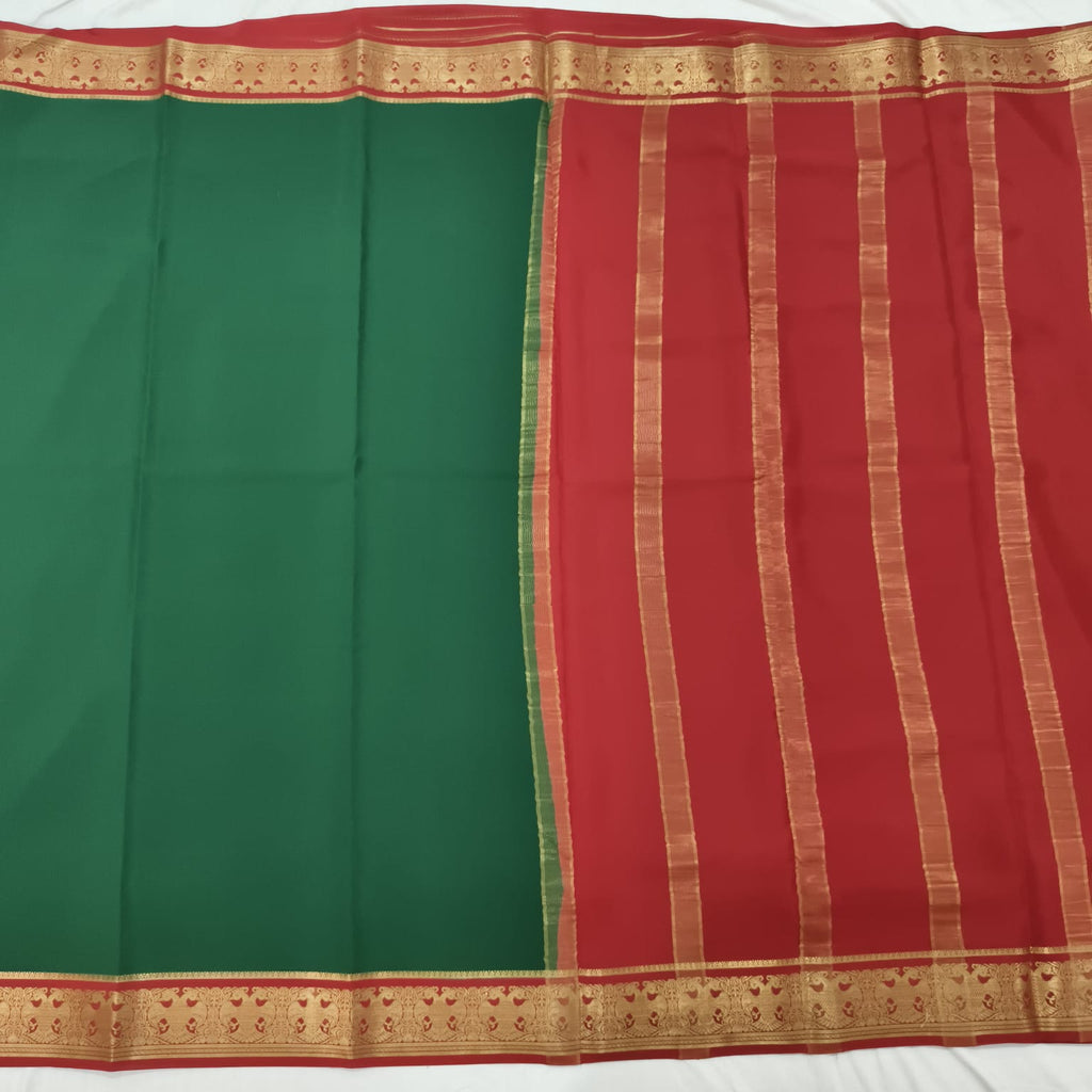 Pure Mysore Crepe Silk Saree – Green and Maroon Contrast