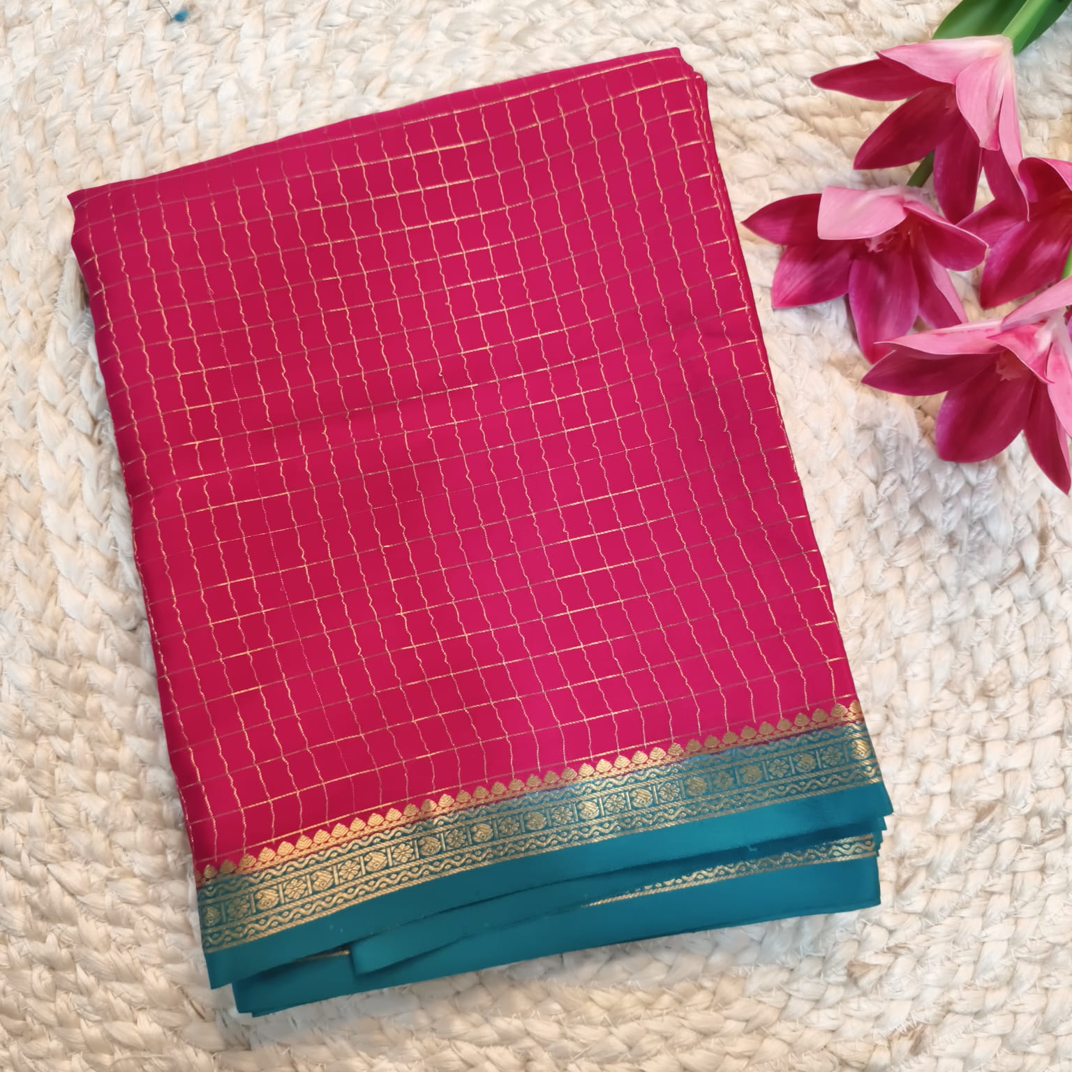Pure Mysore Crepe Silk Saree – Rani Pink and Peacock Blue Contrast with Checks