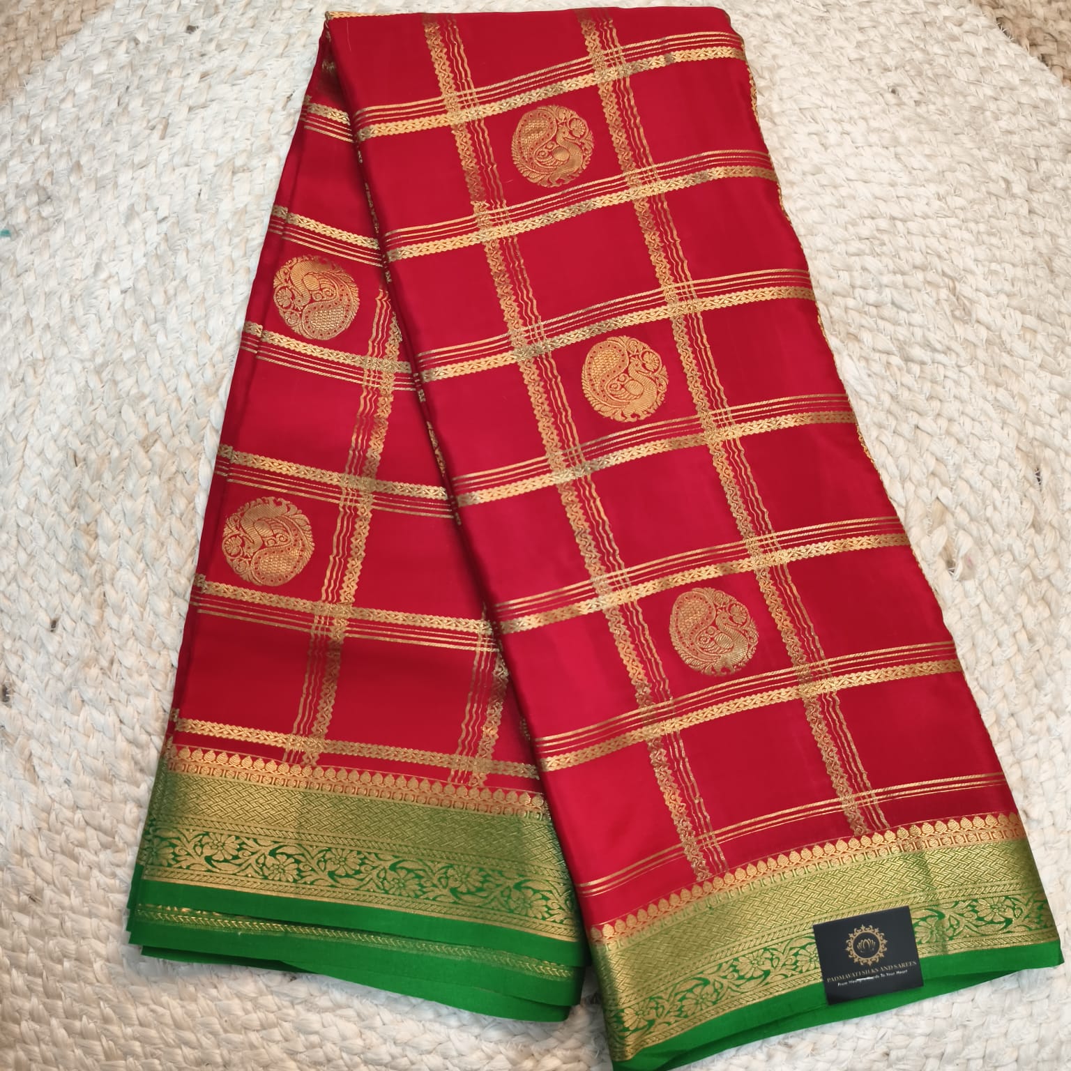 Pure Mysore Crepe Silk Saree – Red and Green Contrast with Checks and Butta