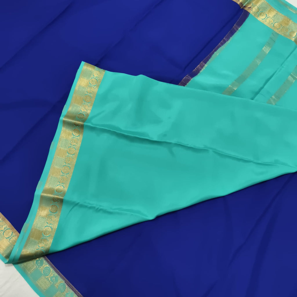 Pure Mysore Crepe Silk Saree – Royal Blue and Light Blue Contrast