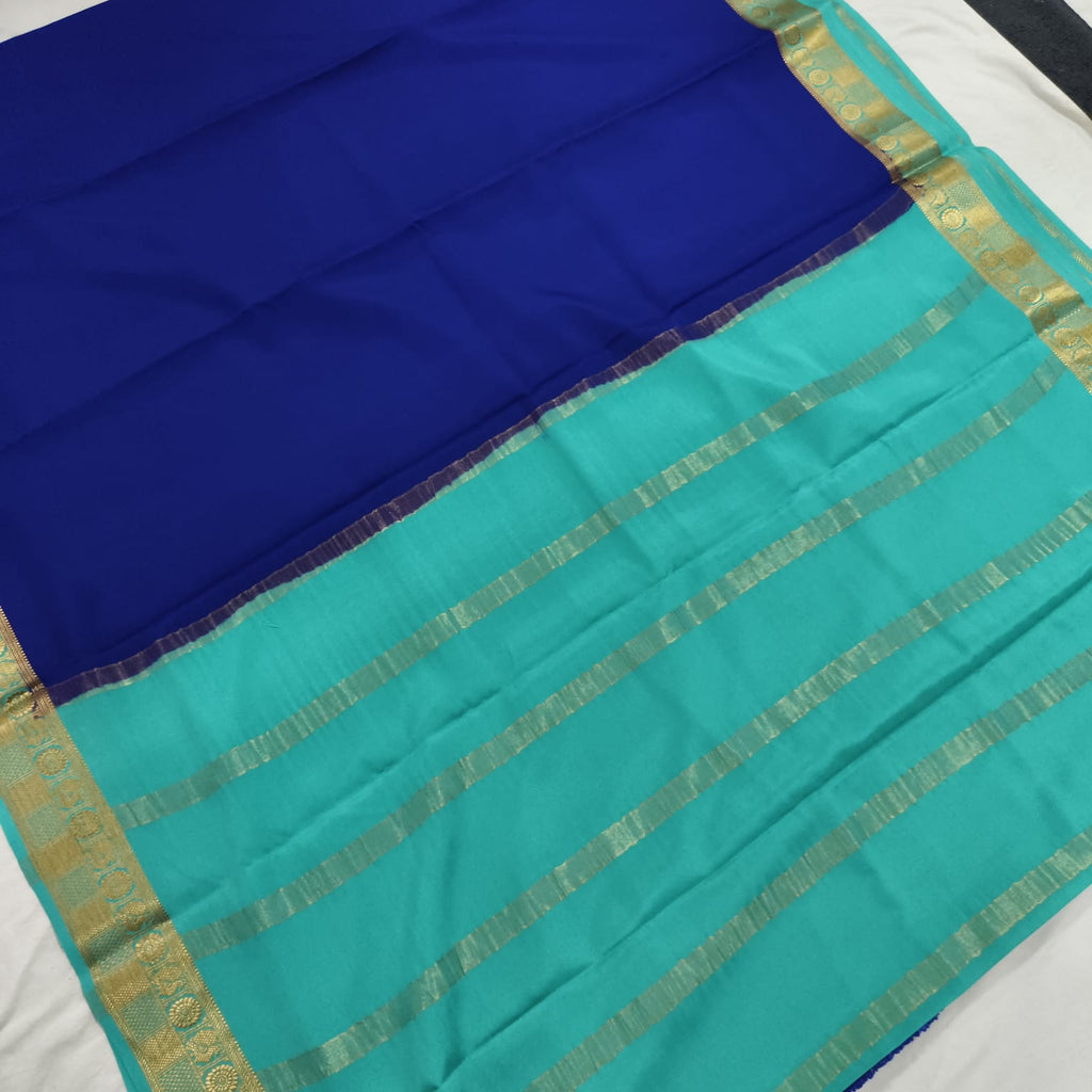 Pure Mysore Crepe Silk Saree – Royal Blue and Light Blue Contrast