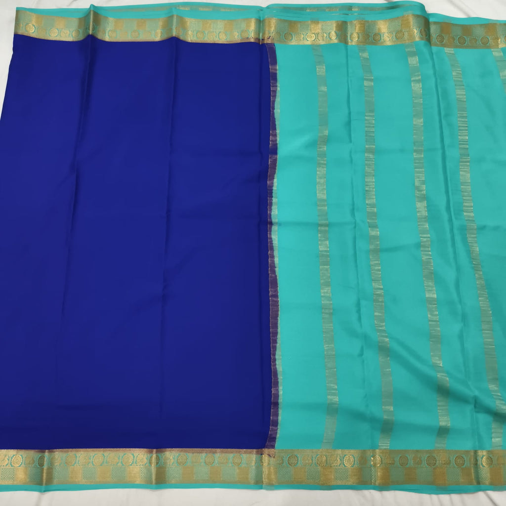 Pure Mysore Crepe Silk Saree – Royal Blue and Light Blue Contrast