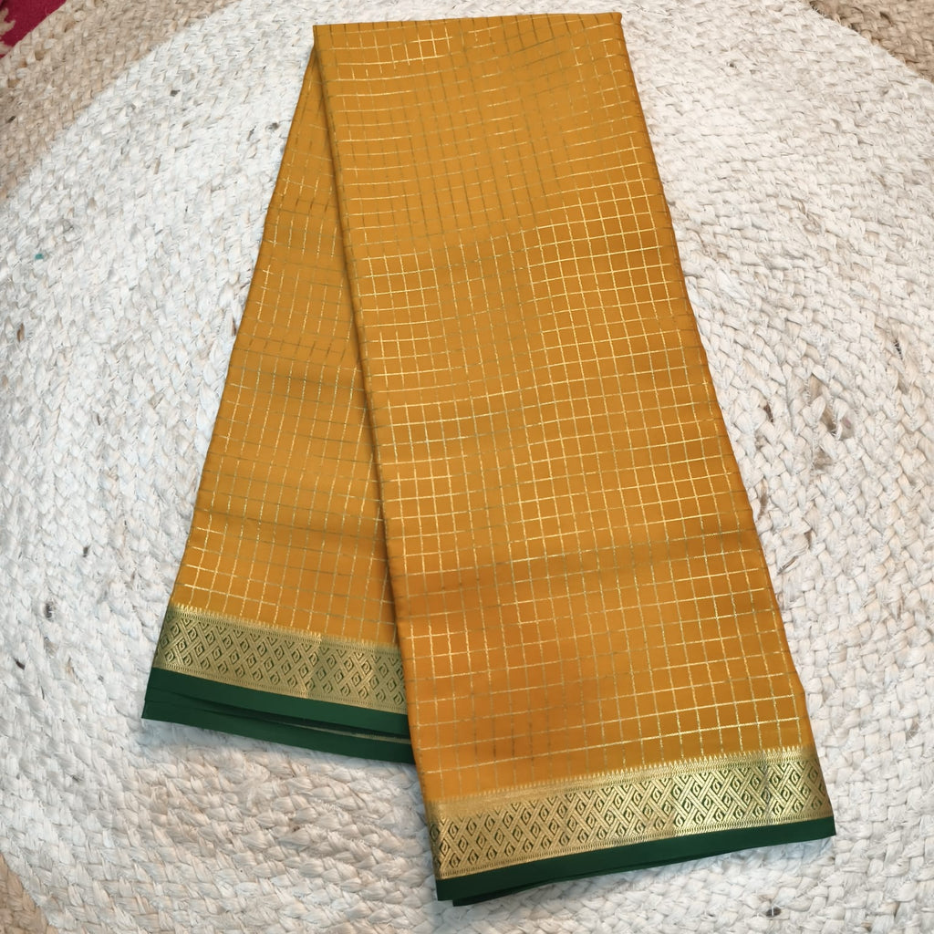 Pure Mysore Crepe Silk Saree – Mustard Yellow and Rama Green Contrast with checks