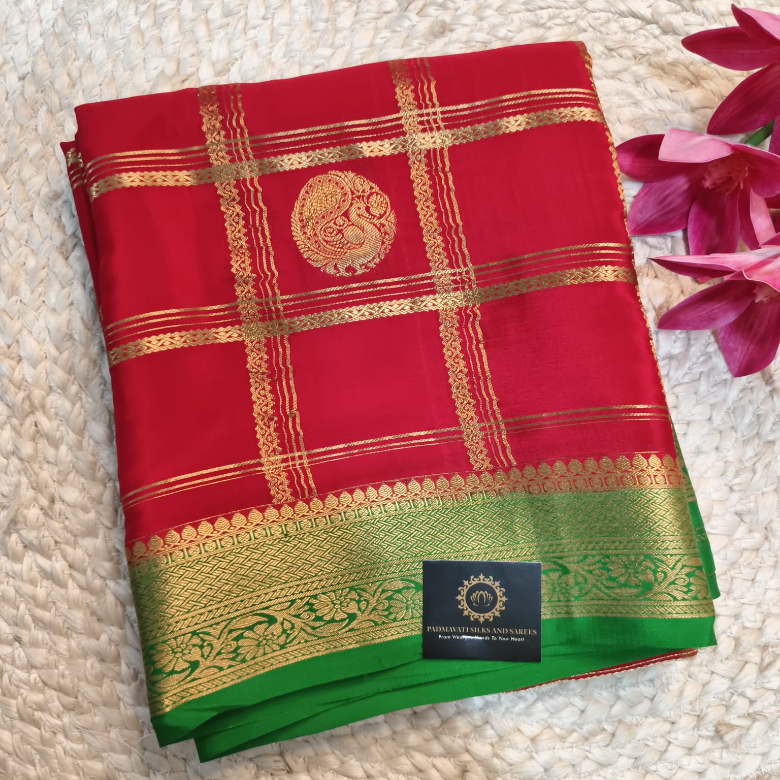 Pure Mysore Crepe Silk Saree – Red and Green Contrast with Checks and Butta