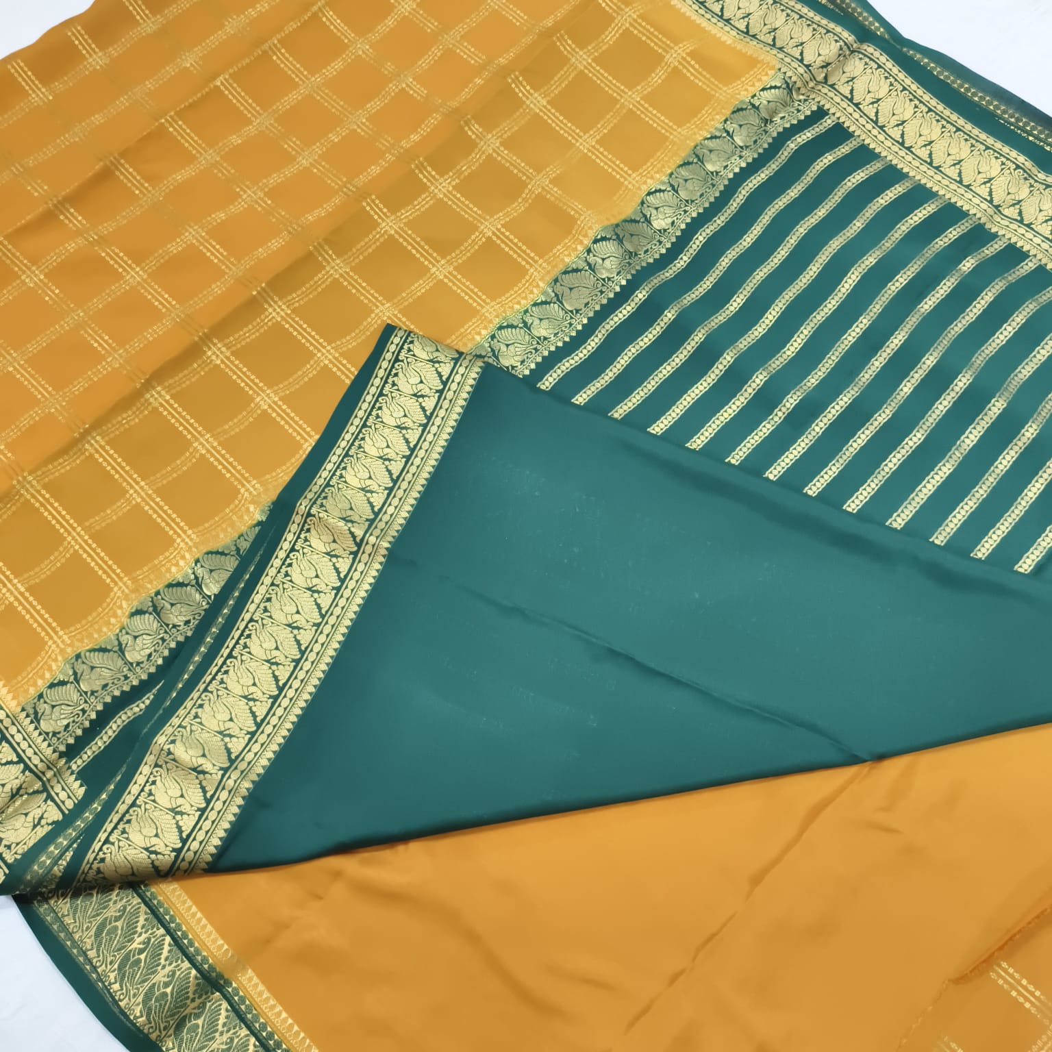 Pure Mysore Crepe Silk Saree – Mustard Yellow and Rama Green Contrast with checks