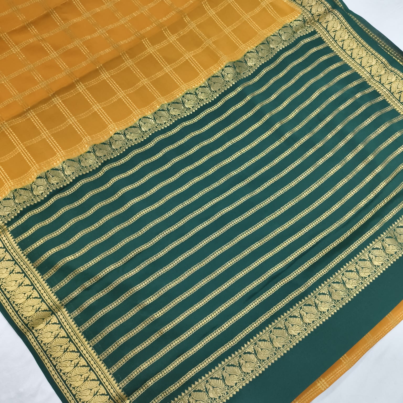 Pure Mysore Crepe Silk Saree – Mustard Yellow and Rama Green Contrast with checks