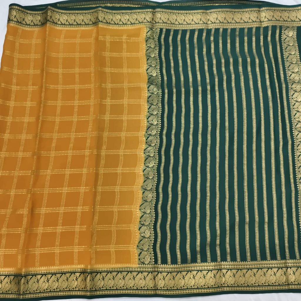 Pure Mysore Crepe Silk Saree – Mustard Yellow and Rama Green Contrast with checks